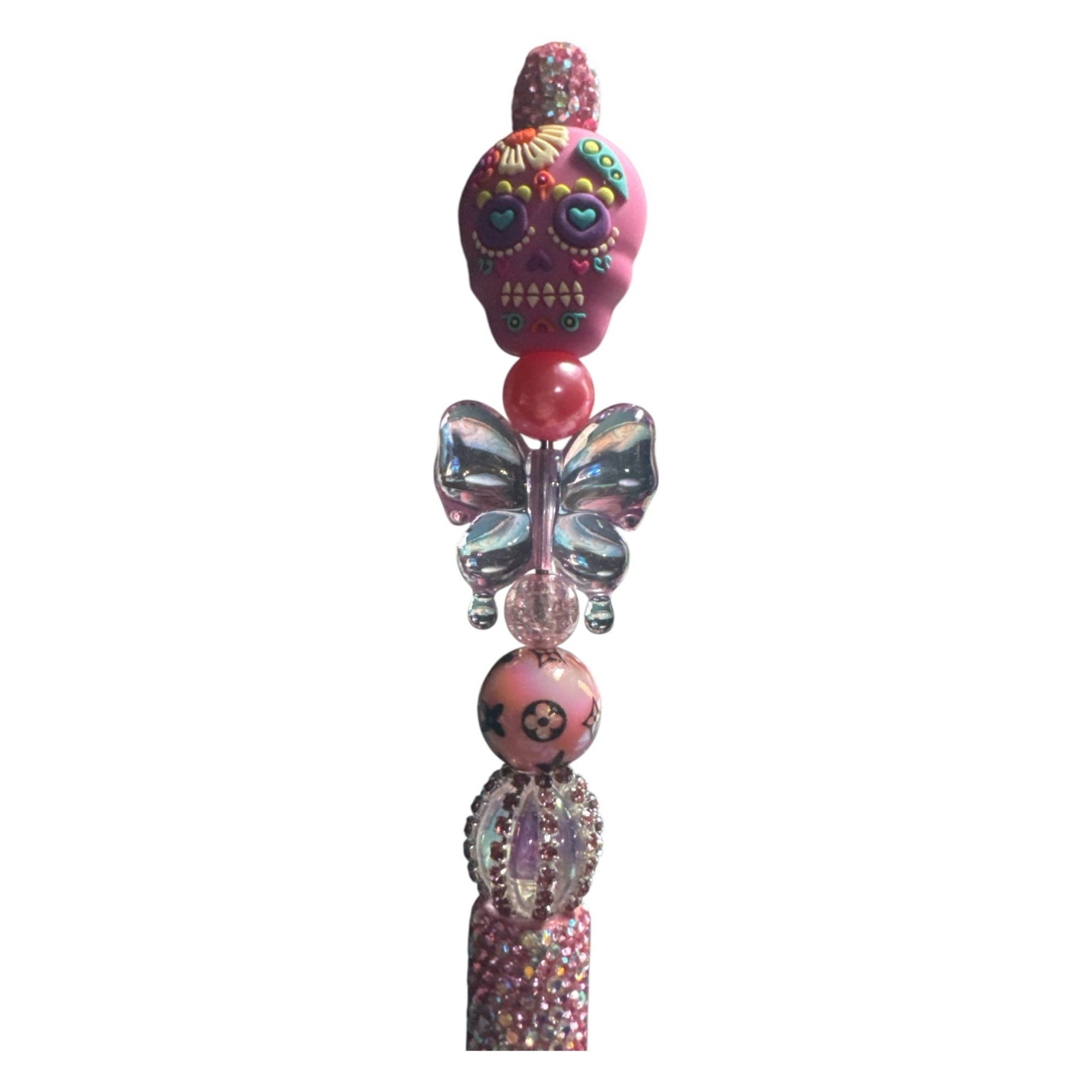 Day Of The Dead Sugar Skull Beaded Ballpoint Pen Pink & Glitter Design Decorative Writing Tool