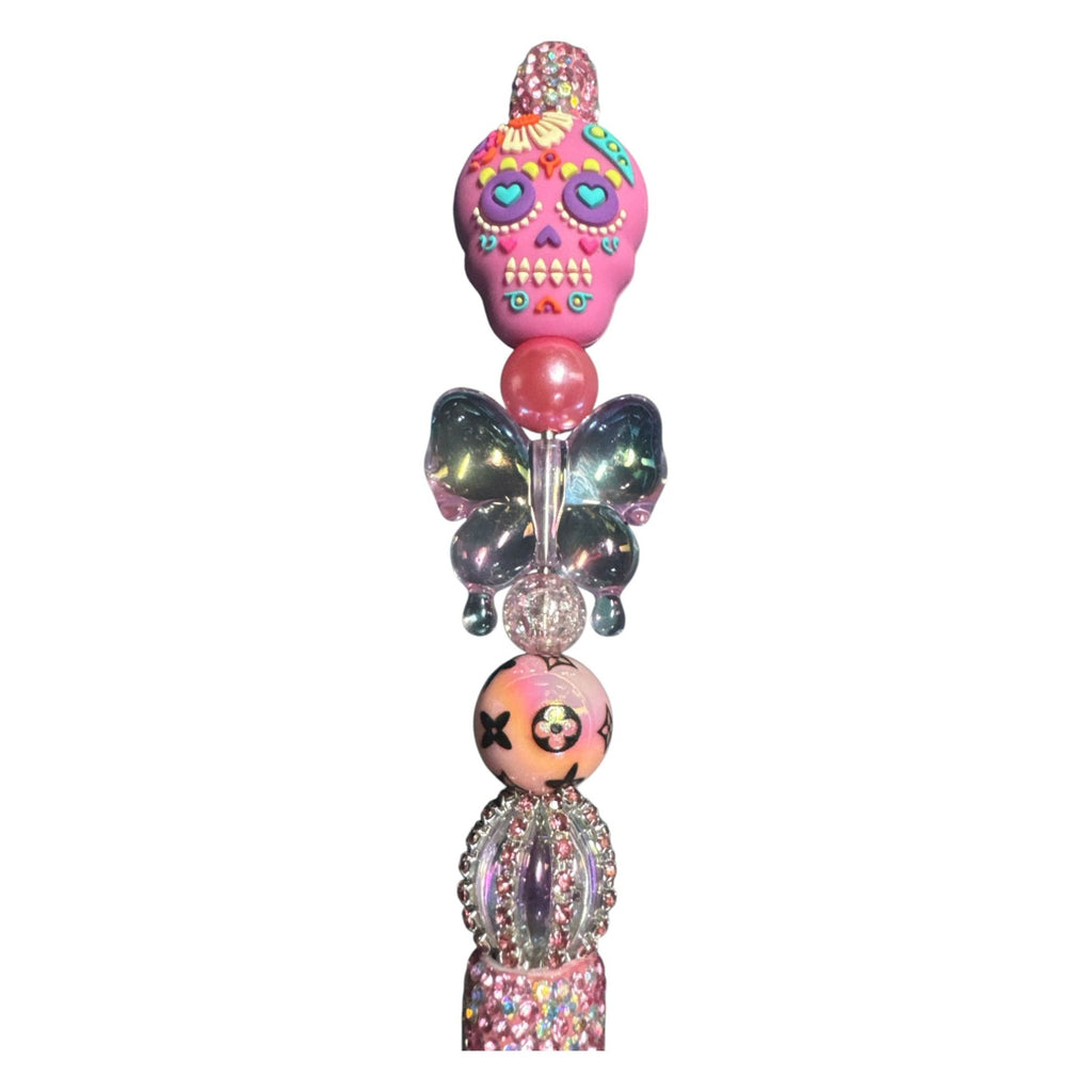 Day Of The Dead Sugar Skull Beaded Ballpoint Pen Pink & Glitter Design Decorative Writing Tool