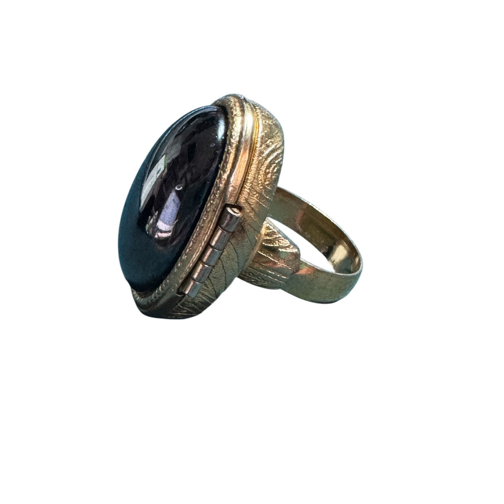 Vintage Avon Lockett Gold Tone Hematite Style Ring • Oval Cabochon • Adjustable Band