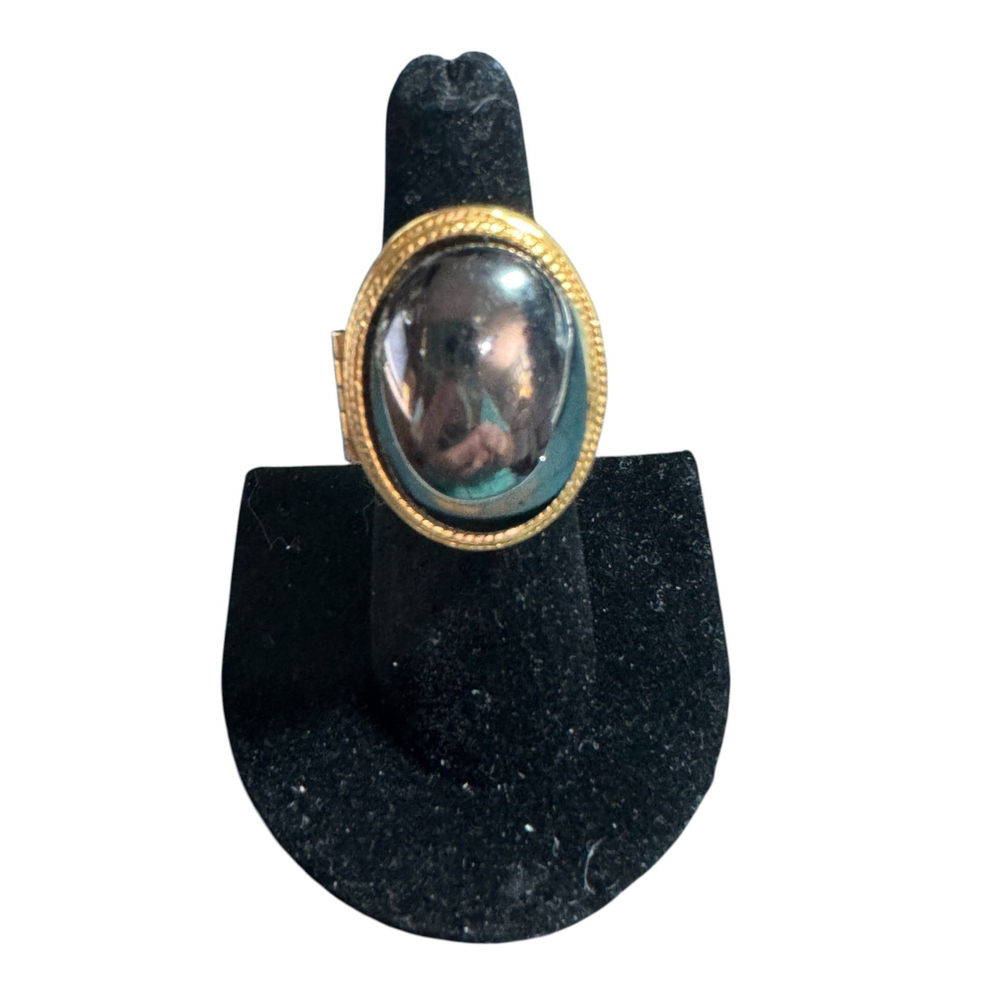 Vintage Avon Lockett Gold Tone Hematite Style Ring • Oval Cabochon • Adjustable Band