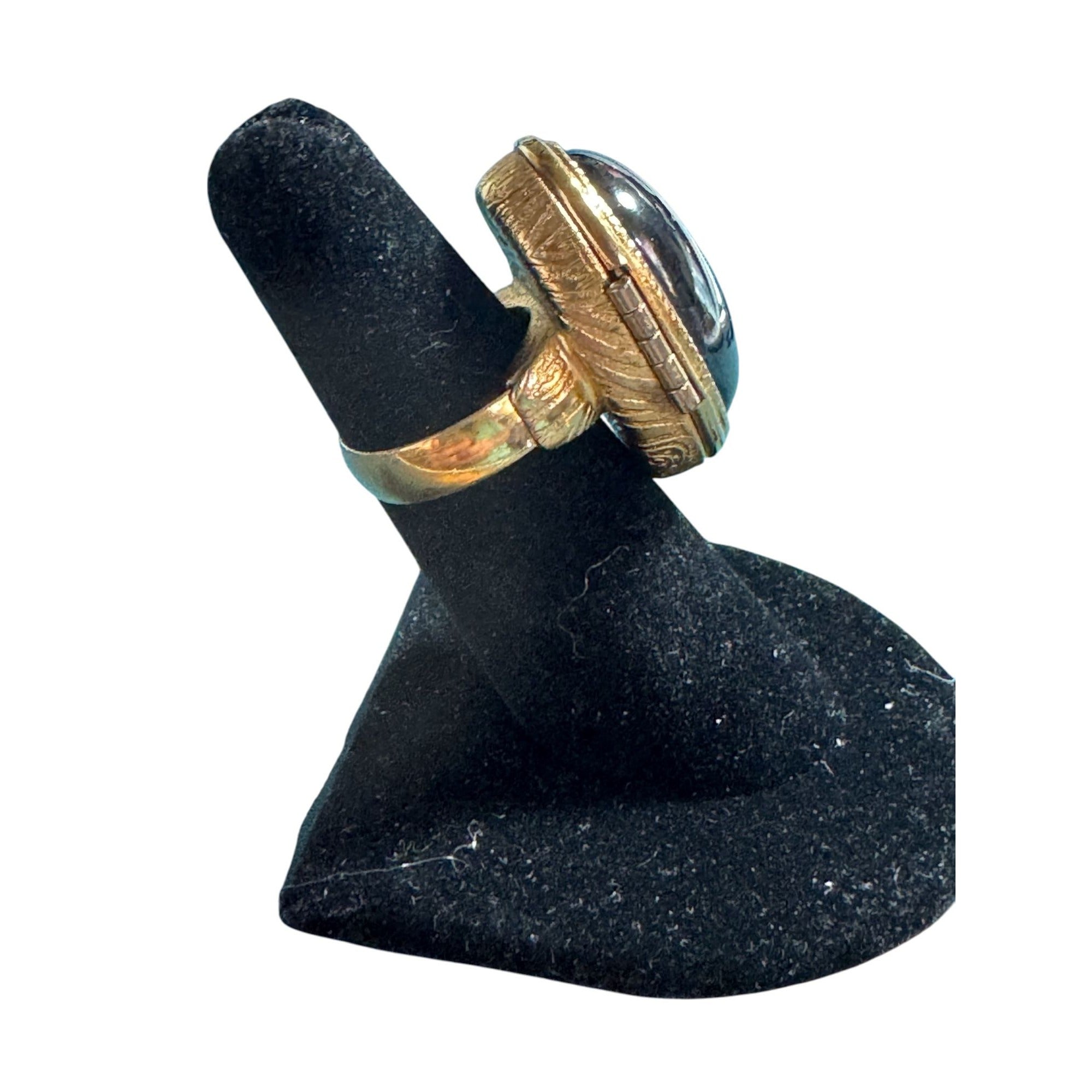Vintage Avon Lockett Gold Tone Hematite Style Ring • Oval Cabochon • Adjustable Band