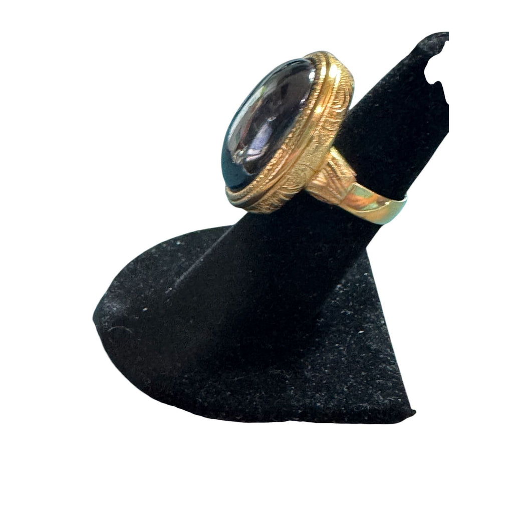 Vintage Avon Lockett Gold Tone Hematite Style Ring • Oval Cabochon • Adjustable Band