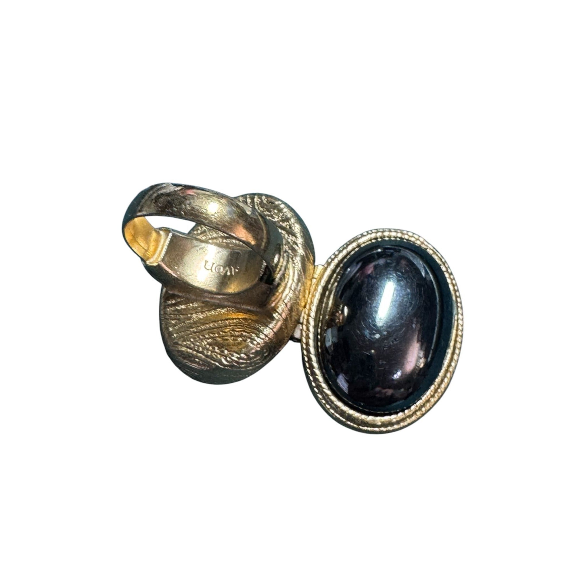 Vintage Avon Lockett Gold Tone Hematite Style Ring • Oval Cabochon • Adjustable Band
