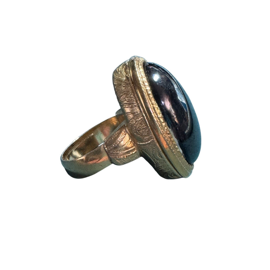 Vintage Avon Lockett Gold Tone Hematite Style Ring • Oval Cabochon • Adjustable Band