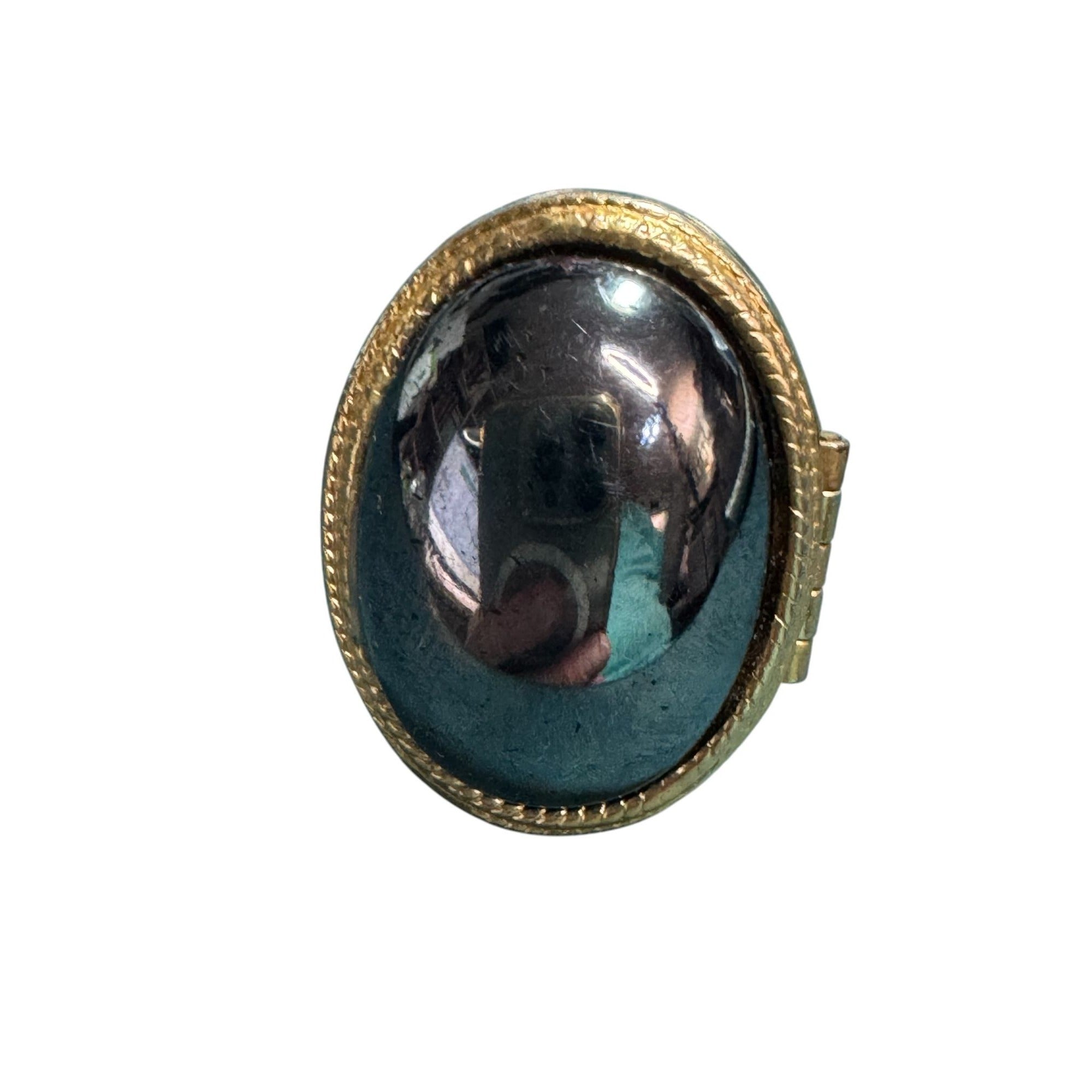 Vintage Avon Lockett Gold Tone Hematite Style Ring • Oval Cabochon • Adjustable Band