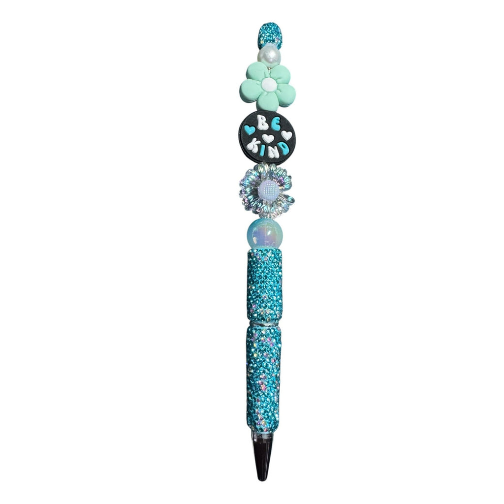 Beaded "Be Kind" Inspirational Pen With Glitter Handle & Floral Accents - Light Green & Iridescent Design