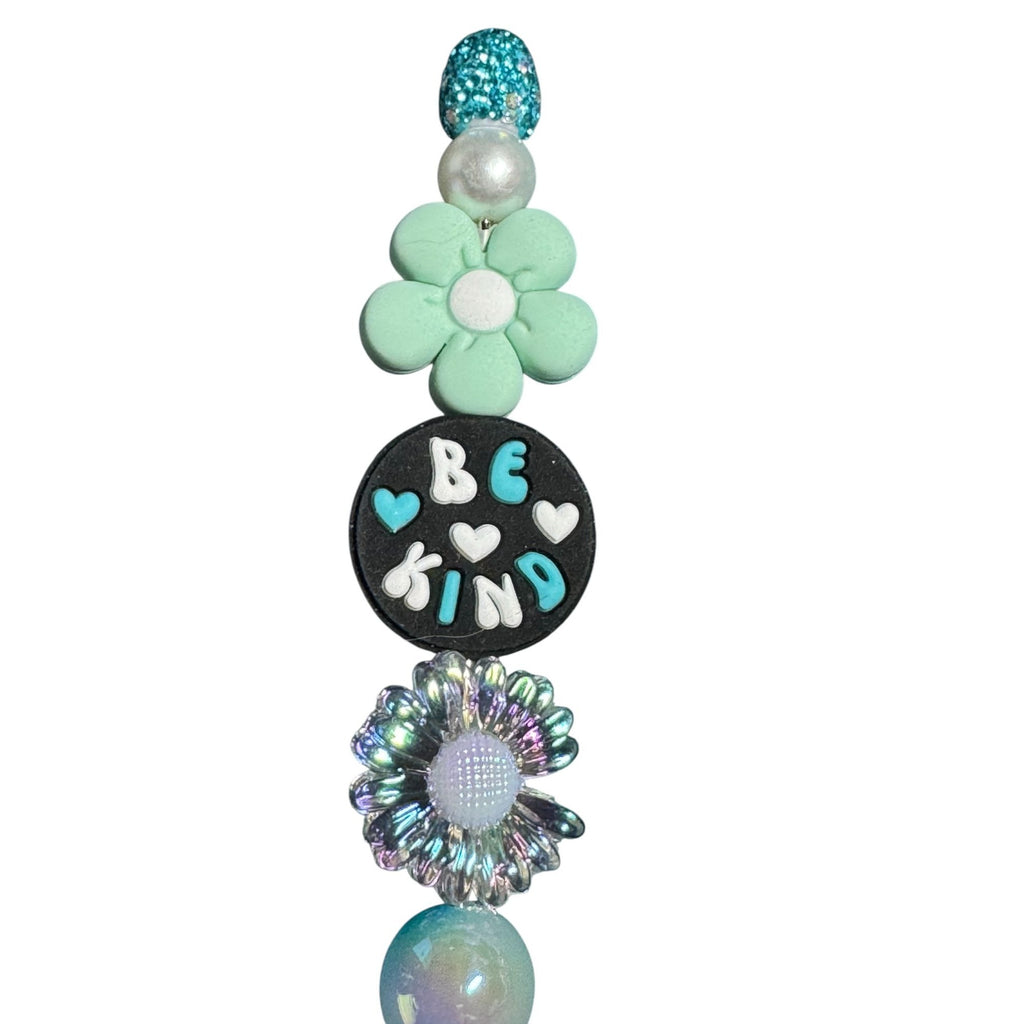 Beaded "Be Kind" Inspirational Pen With Glitter Handle & Floral Accents - Light Green & Iridescent Design