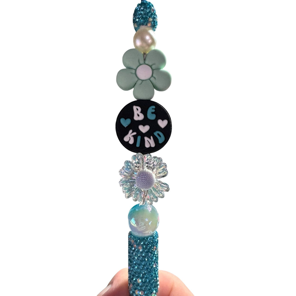 Beaded "Be Kind" Inspirational Pen With Glitter Handle & Floral Accents - Light Green & Iridescent Design