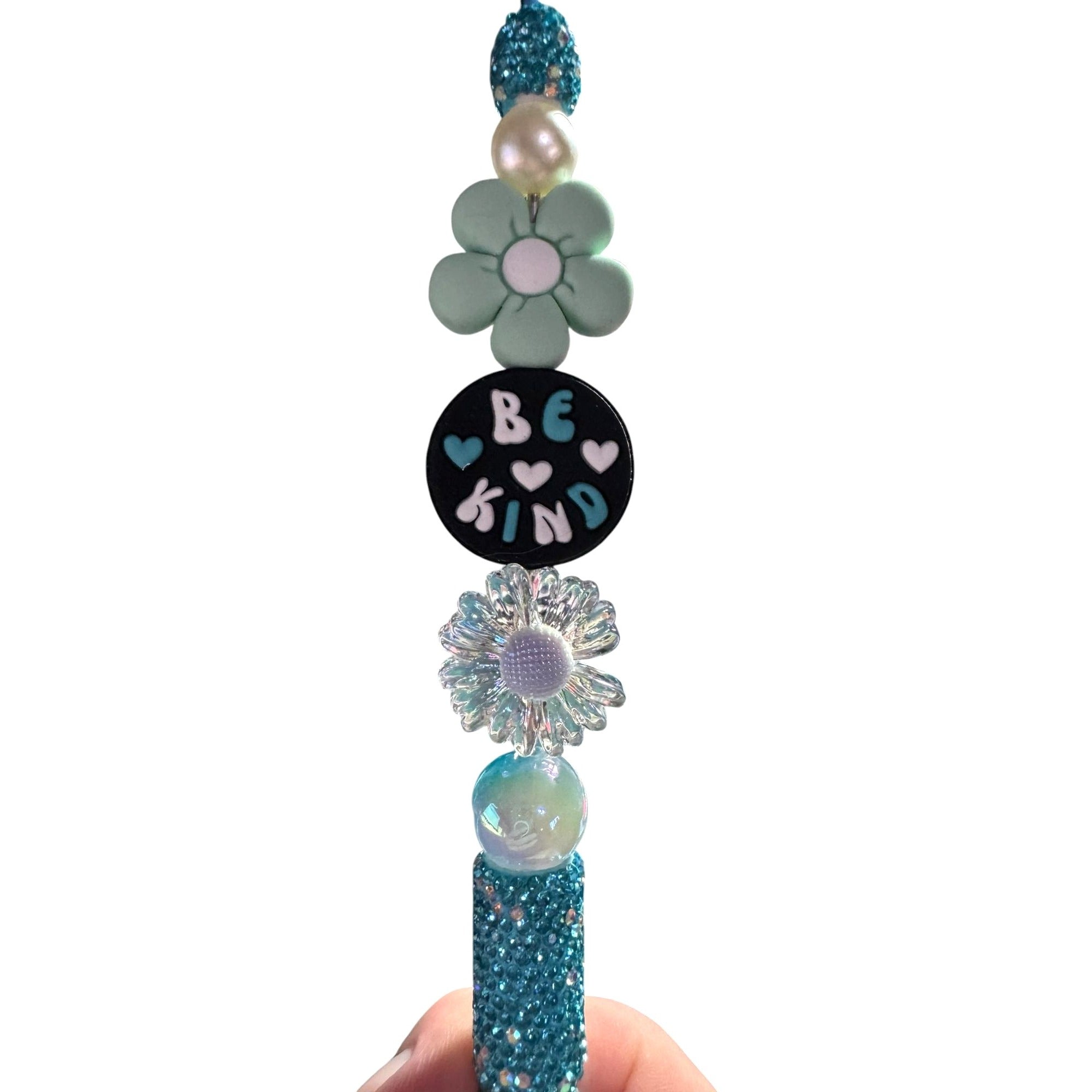 Beaded "Be Kind" Inspirational Pen With Glitter Handle & Floral Accents - Light Green & Iridescent Design