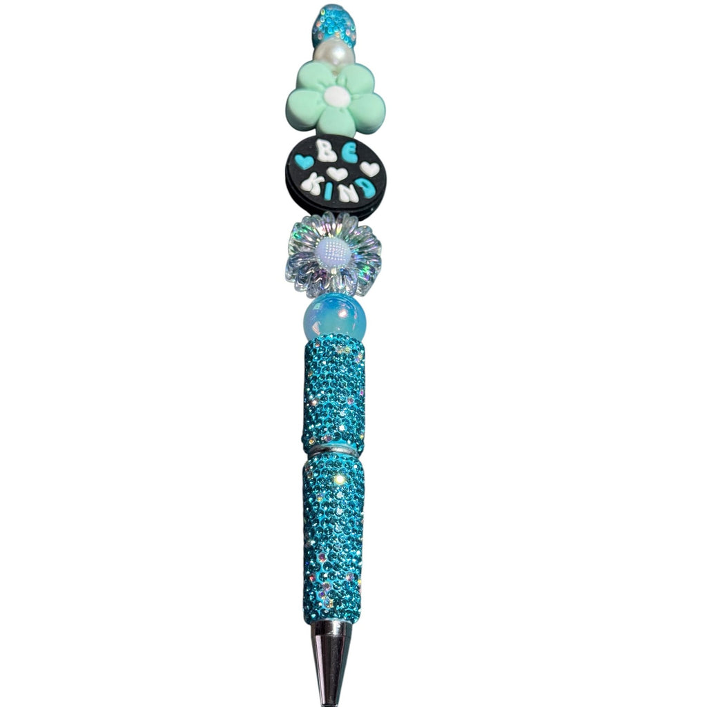 Beaded "Be Kind" Inspirational Pen With Glitter Handle & Floral Accents - Light Green & Iridescent Design
