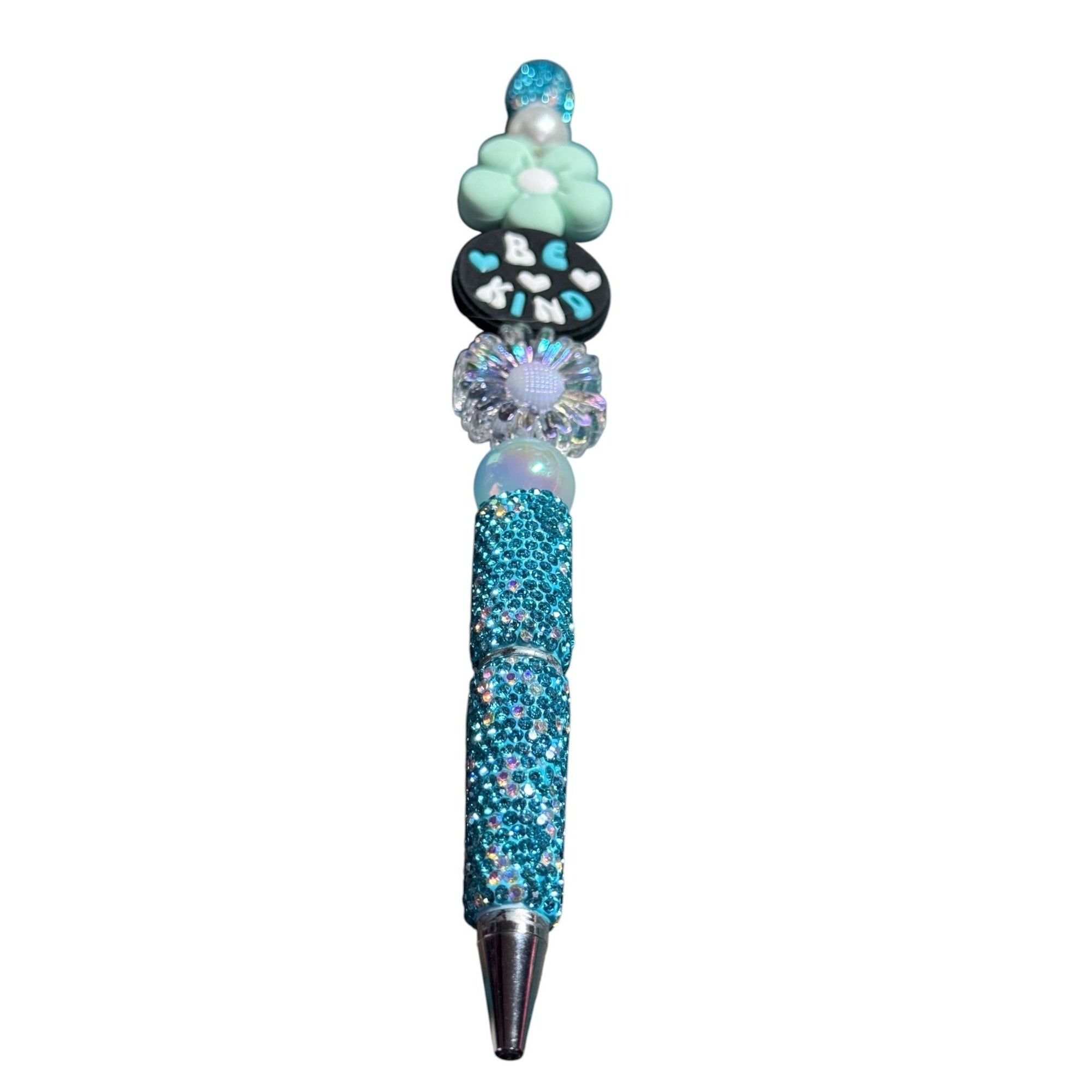 Beaded "Be Kind" Inspirational Pen With Glitter Handle & Floral Accents - Light Green & Iridescent Design