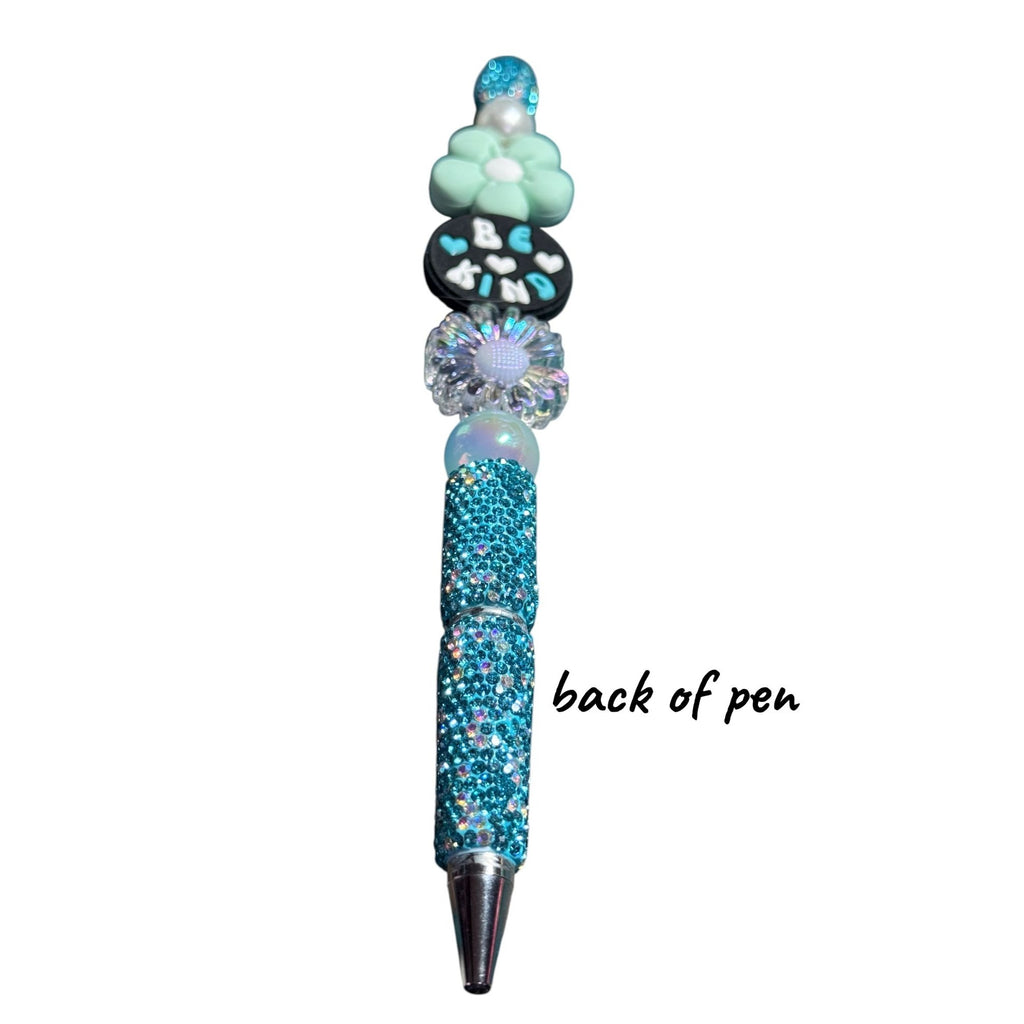 Beaded "Be Kind" Inspirational Pen With Glitter Handle & Floral Accents - Light Green & Iridescent Design