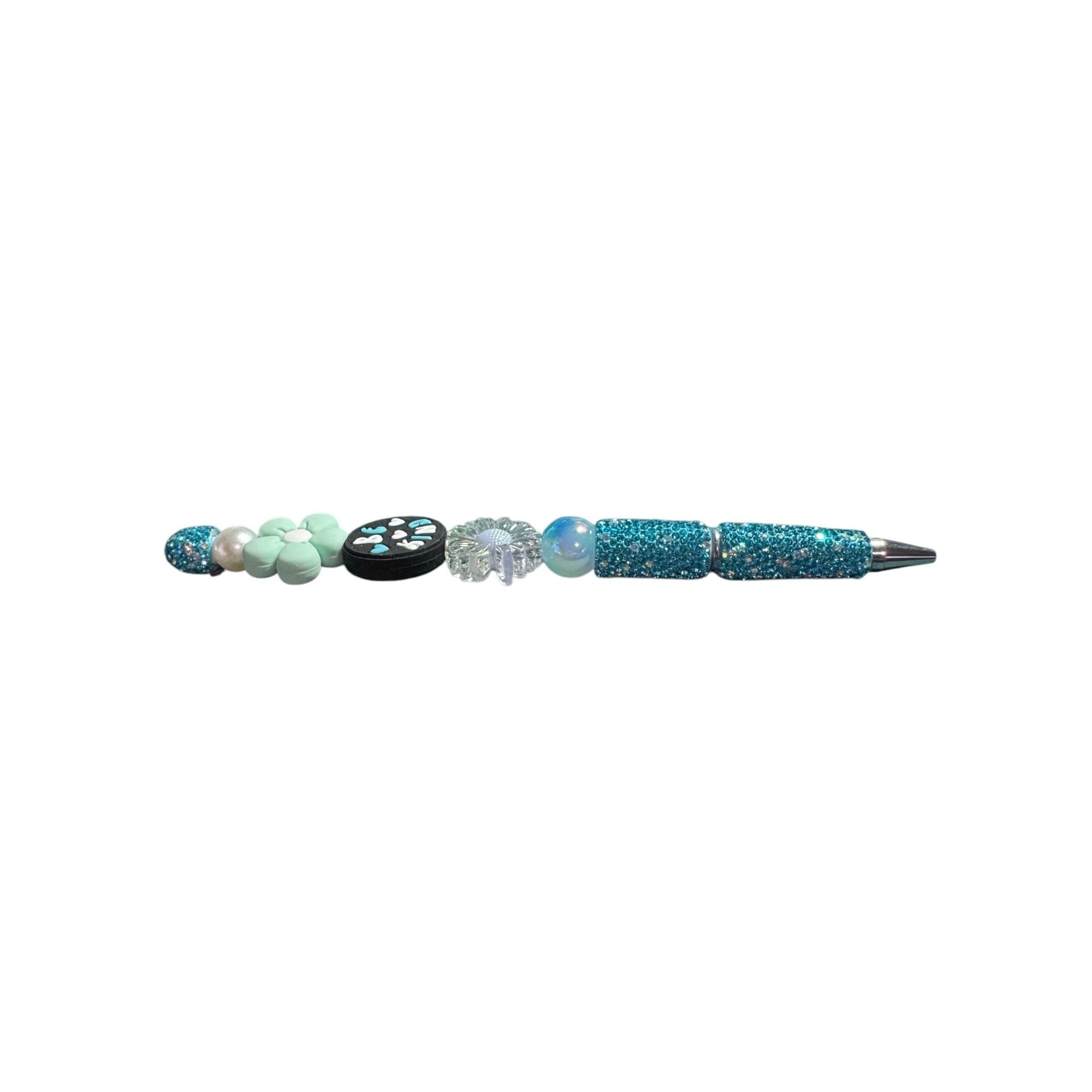 Beaded "Be Kind" Inspirational Pen With Glitter Handle & Floral Accents - Light Green & Iridescent Design