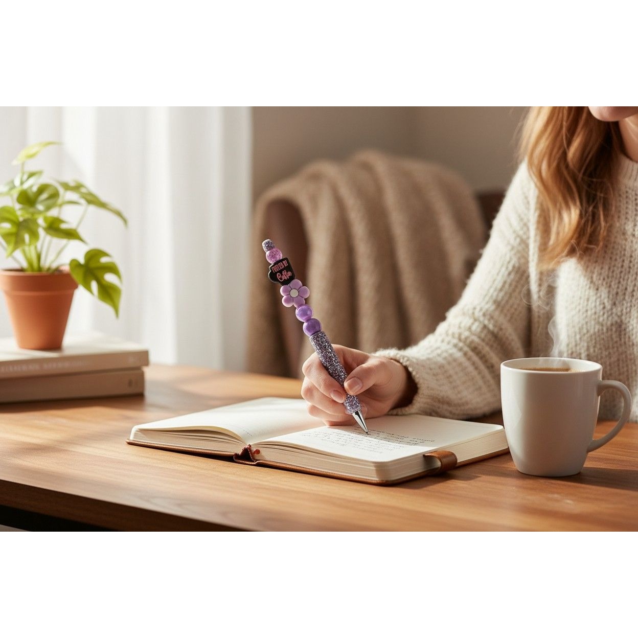 Fueled By Coffee Purple Beaded Glitter Pen With Flower Charm Stylish Writing Tool For Office Or Personal Use
