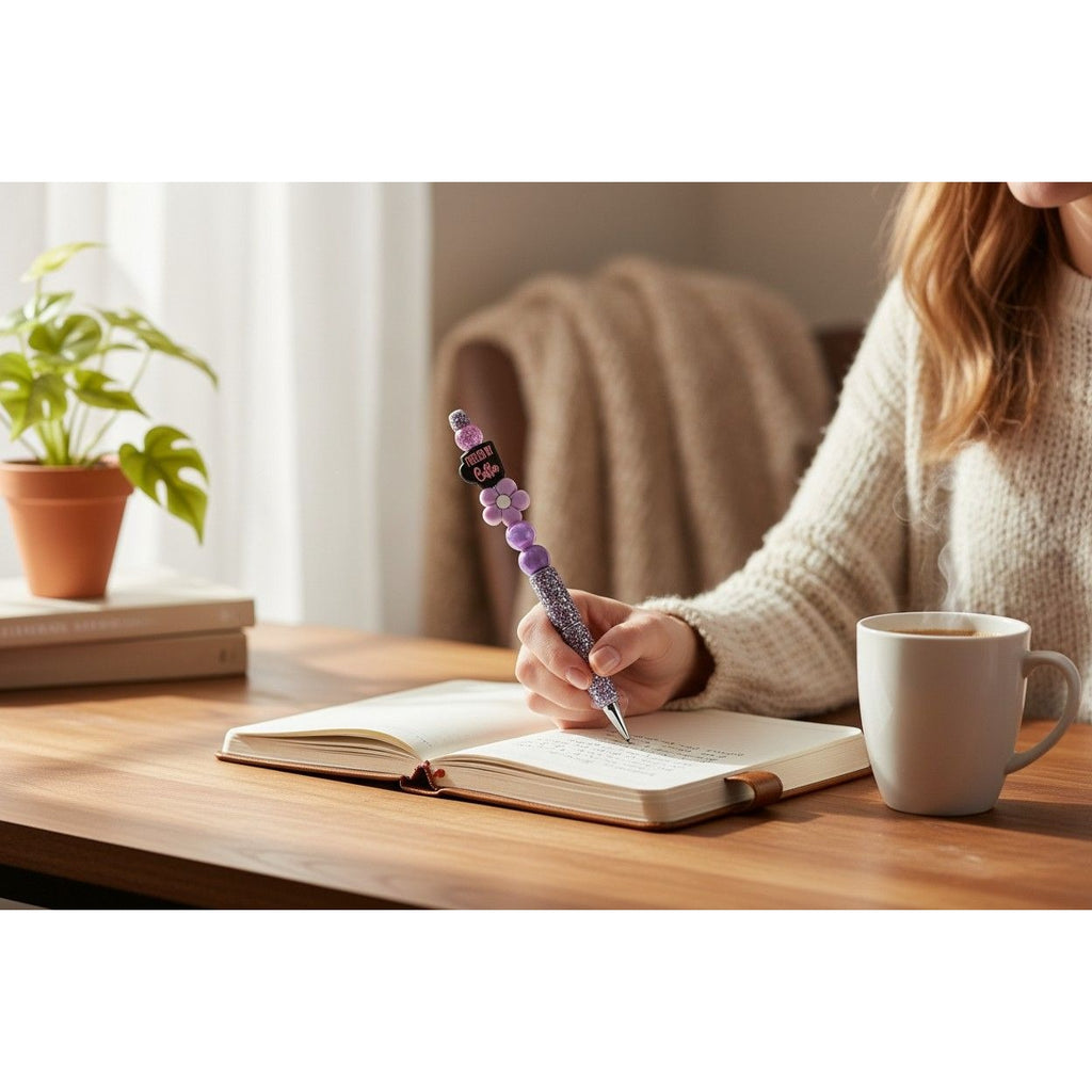 Fueled By Coffee Purple Beaded Glitter Pen With Flower Charm Stylish Writing Tool For Office Or Personal Use