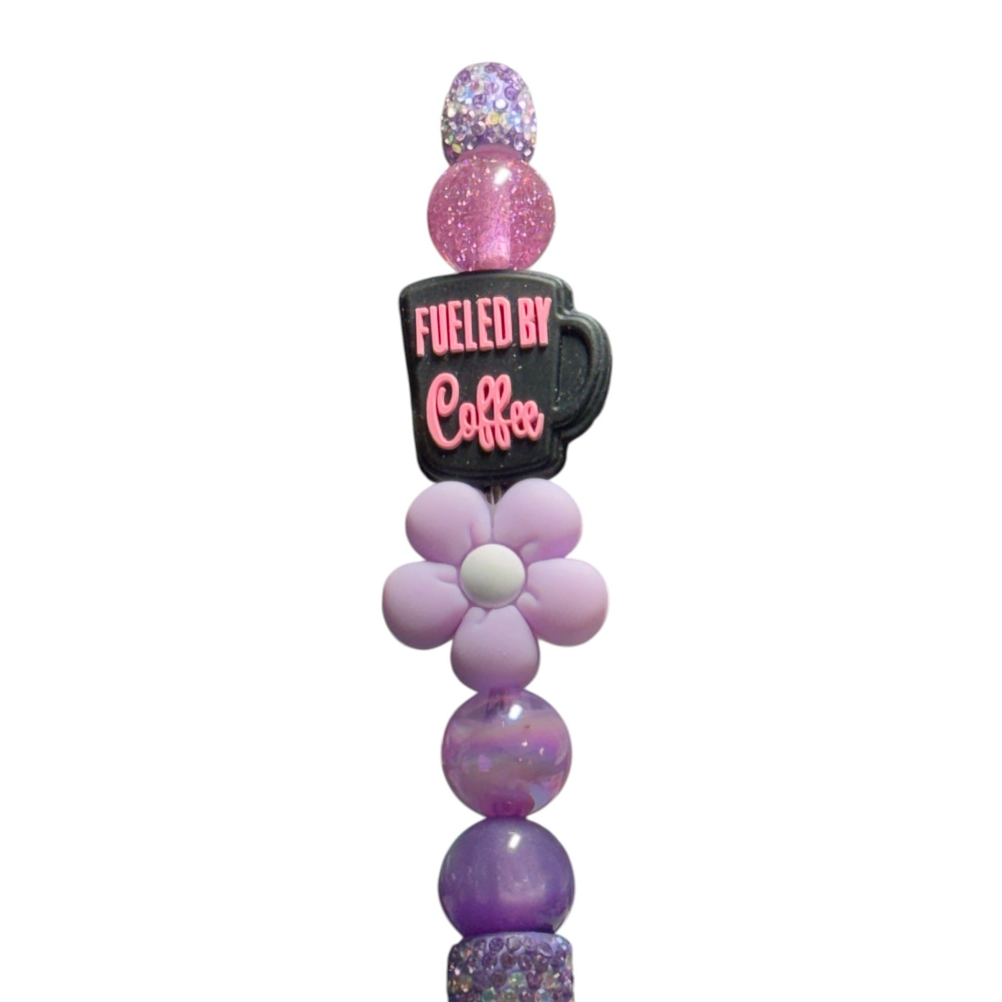 Fueled By Coffee Purple Beaded Glitter Pen With Flower Charm Stylish Writing Tool For Office Or Personal Use