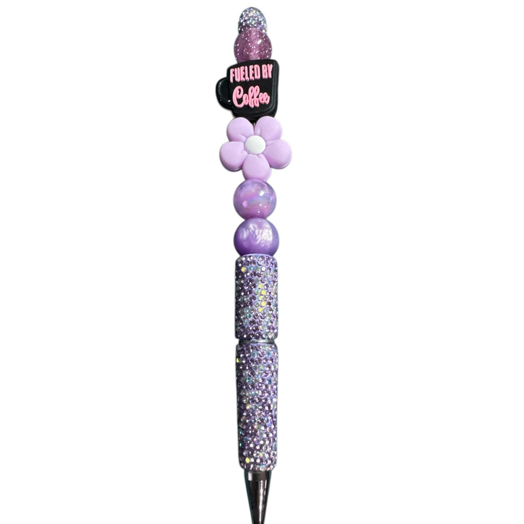 Fueled By Coffee Purple Beaded Glitter Pen With Flower Charm Stylish Writing Tool For Office Or Personal Use