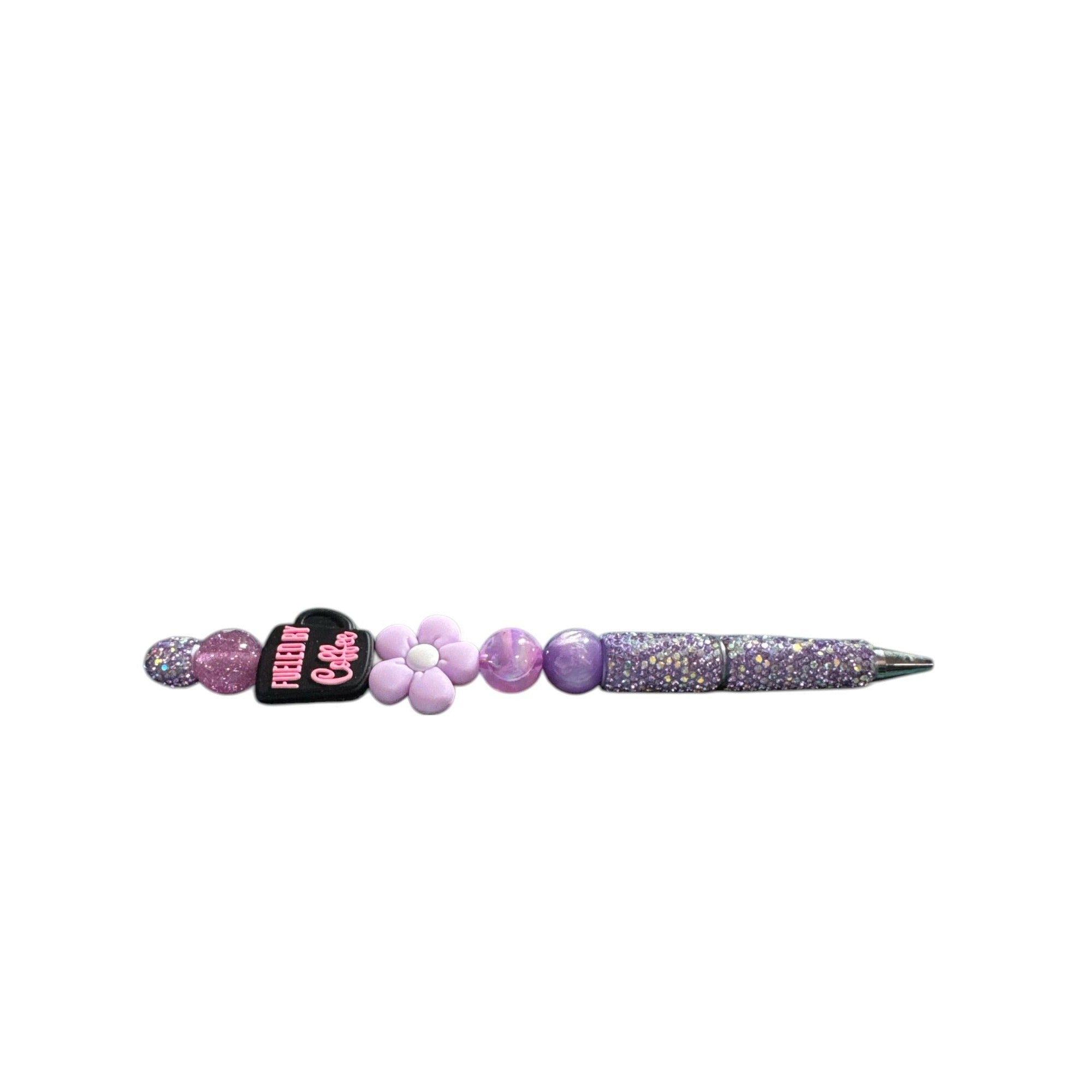 Fueled By Coffee Purple Beaded Glitter Pen With Flower Charm Stylish Writing Tool For Office Or Personal Use