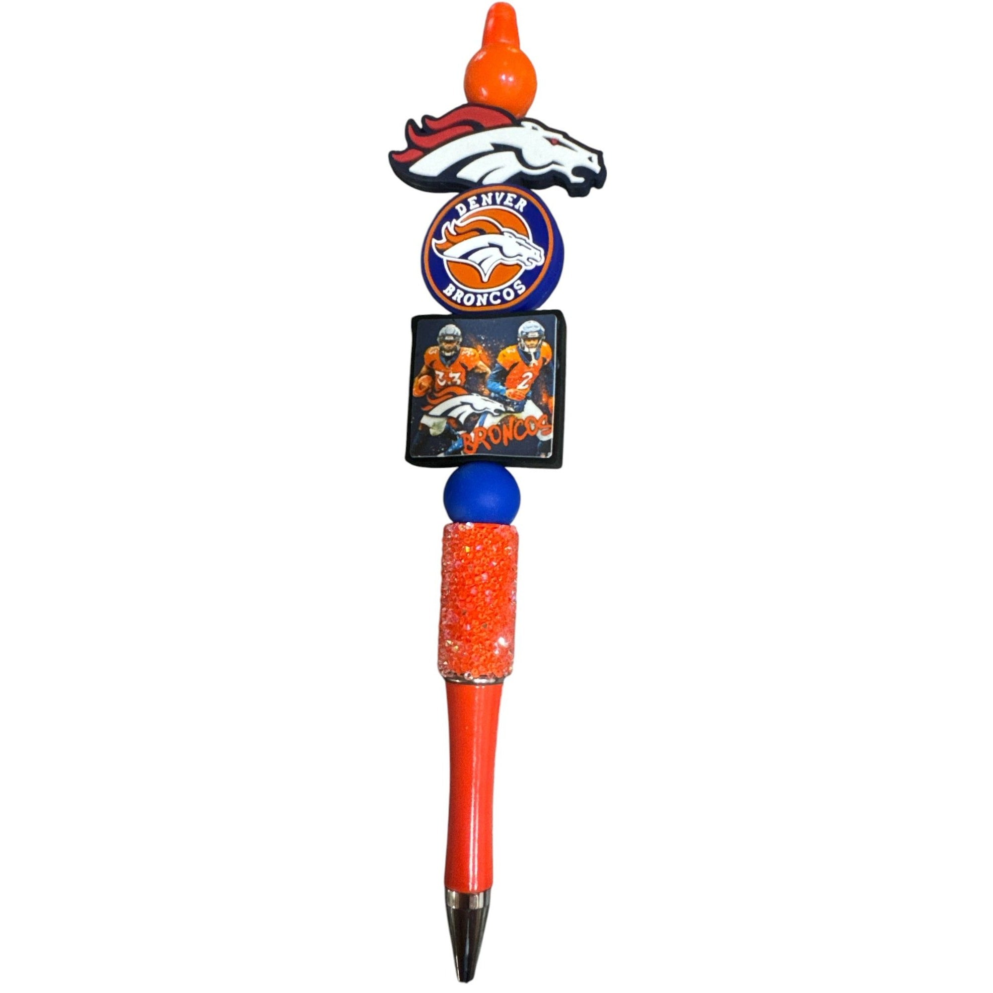 Denver Broncos Football Pen With Glitter Accent & Logo Beads - Great For Fans & Collectors