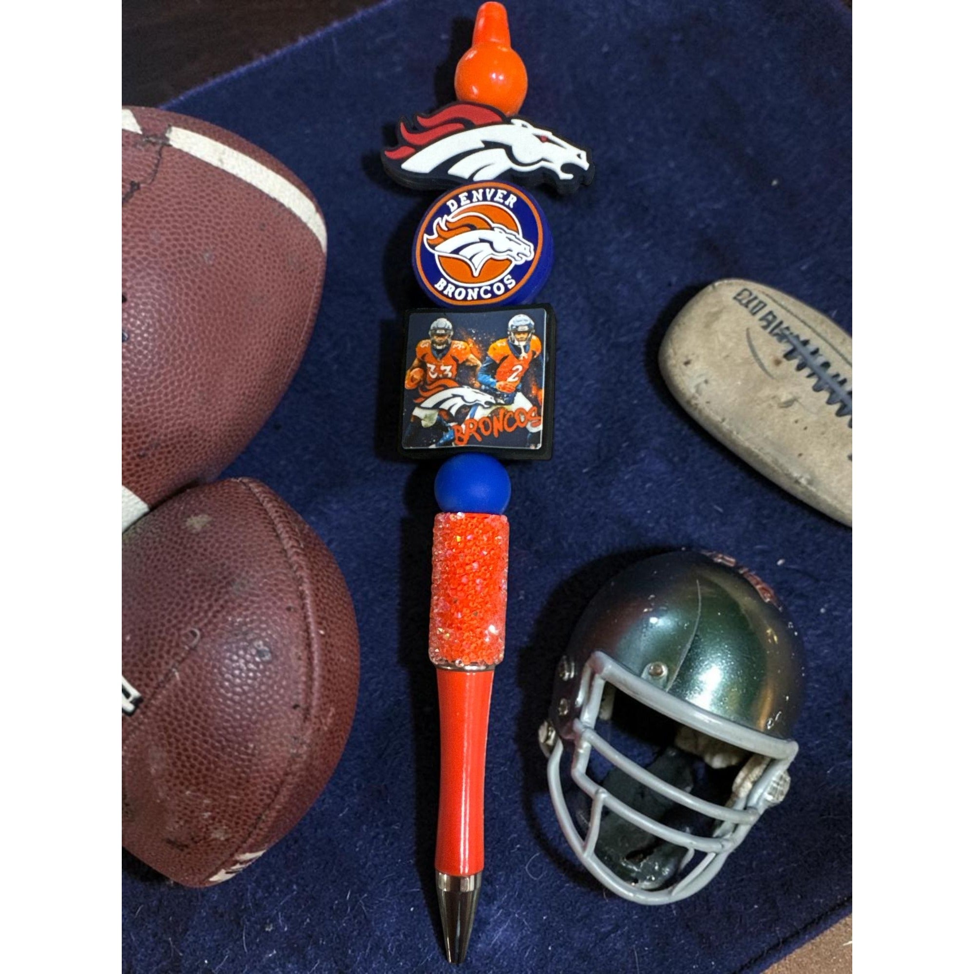 Denver Broncos Football Pen With Glitter Accent & Logo Beads - Great For Fans & Collectors