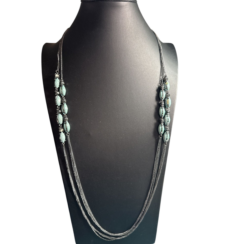Multi Strand Silver Tone Necklace Aqua Faceted Oval Beads Layered Chains Boho Statement