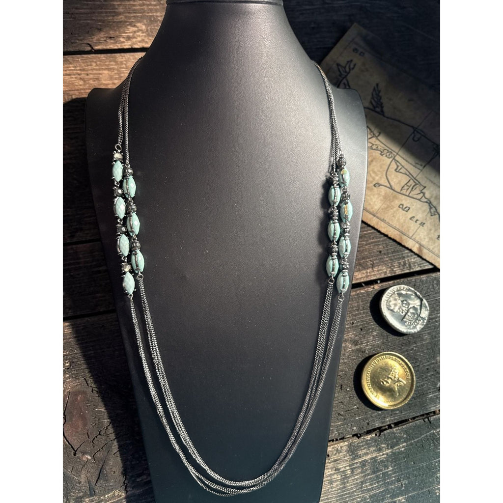 Multi Strand Silver Tone Necklace Aqua Faceted Oval Beads Layered Chains Boho Statement