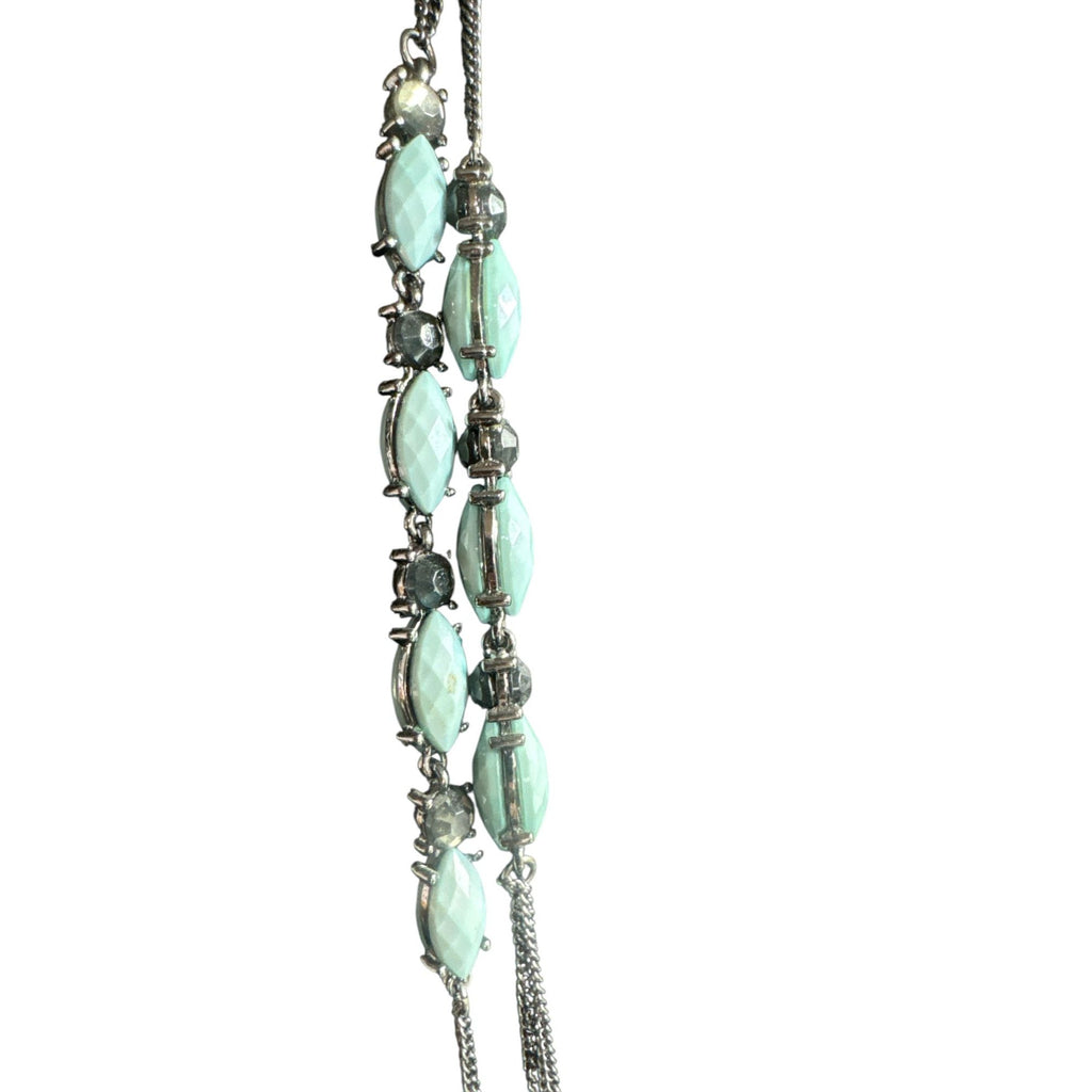 Multi Strand Silver Tone Necklace Aqua Faceted Oval Beads Layered Chains Boho Statement