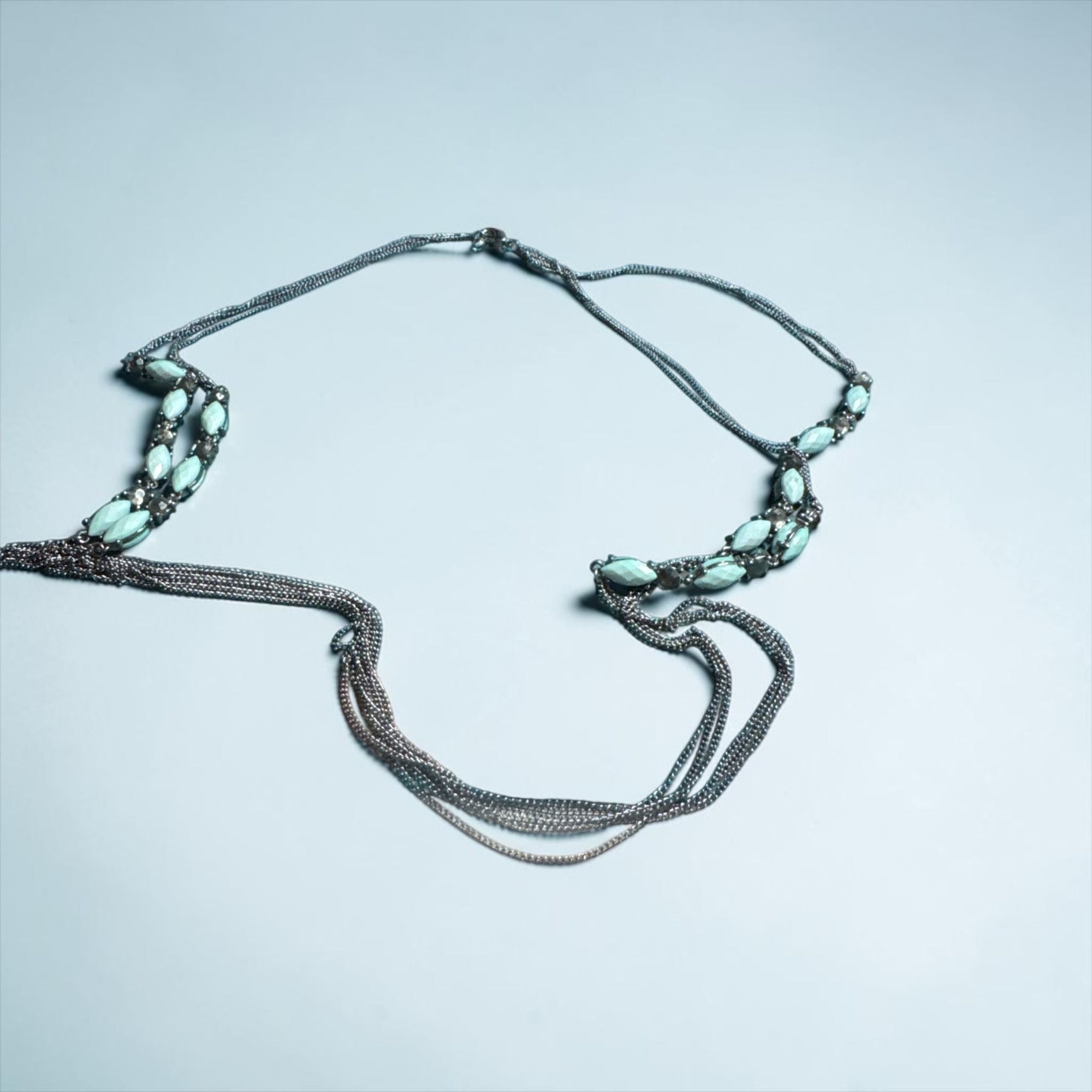 Multi Strand Silver Tone Necklace Aqua Faceted Oval Beads Layered Chains Boho Statement