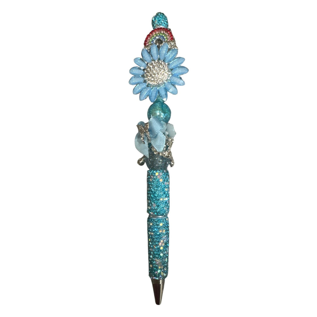 Glittery Blue Daisy & Rainbow Decorative Ballpoint Pen With Rhinestones