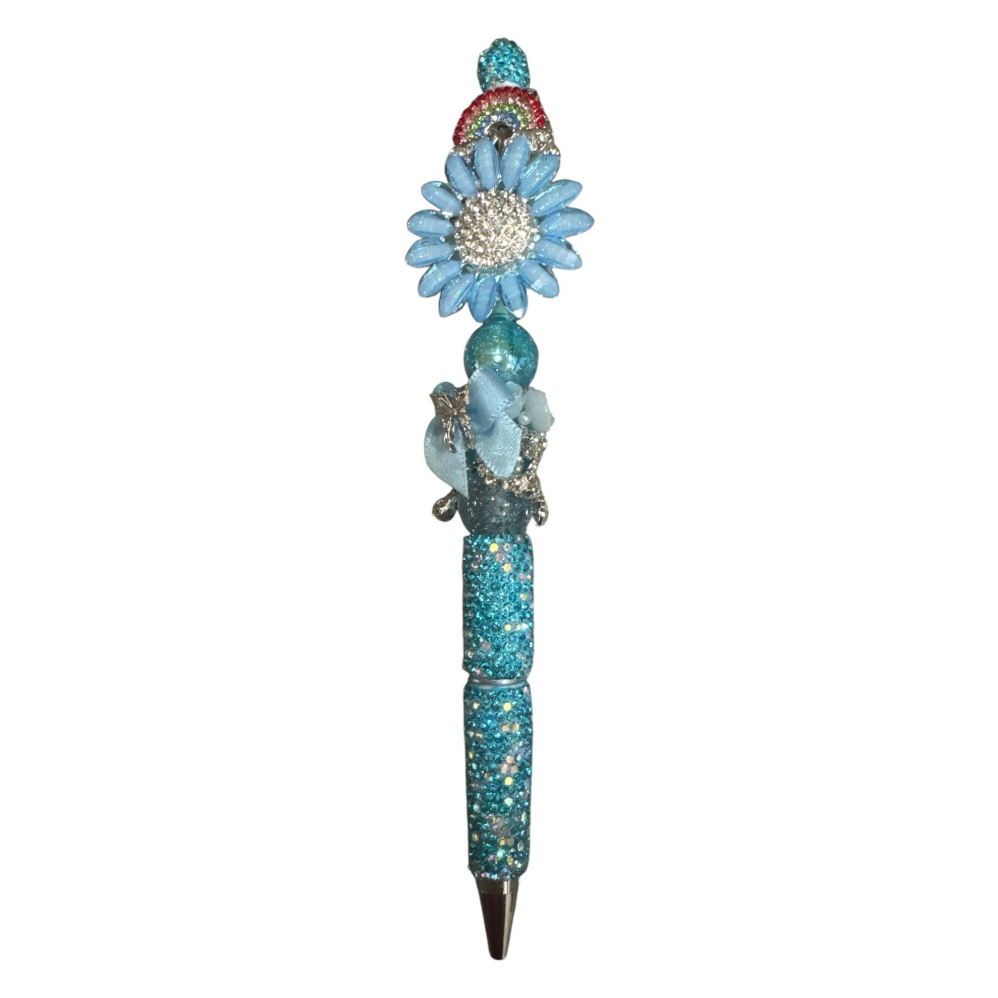 Glittery Blue Daisy & Rainbow Decorative Ballpoint Pen With Rhinestones