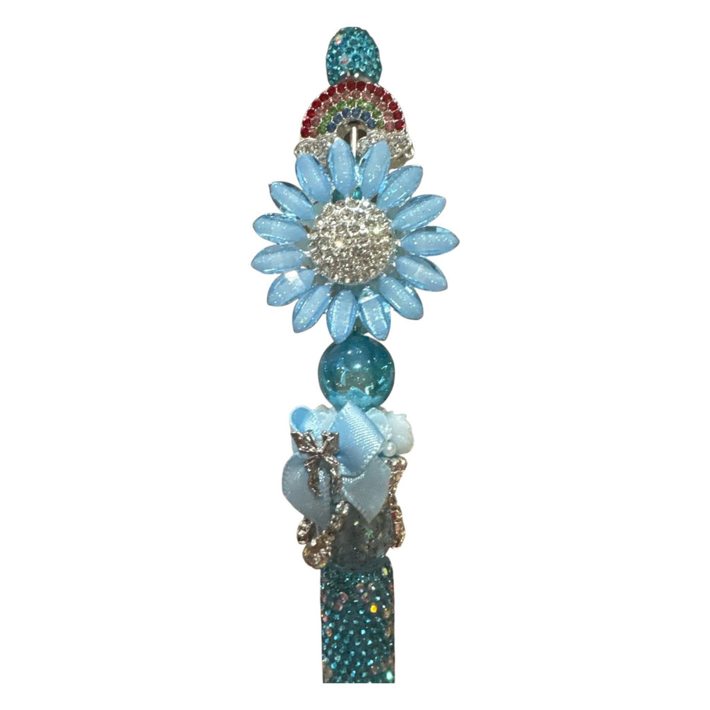 Glittery Blue Daisy & Rainbow Decorative Ballpoint Pen With Rhinestones