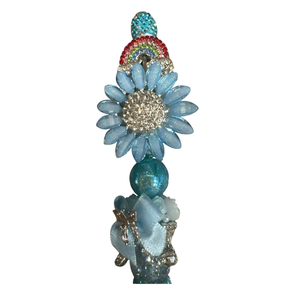 Glittery Blue Daisy & Rainbow Decorative Ballpoint Pen With Rhinestones