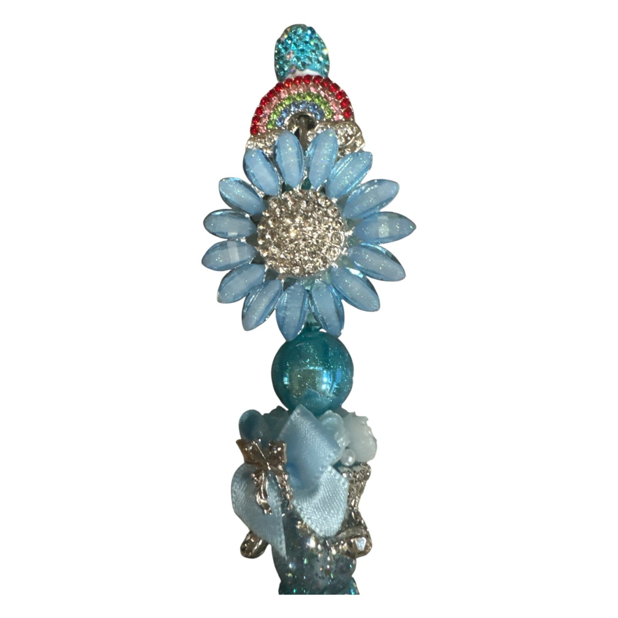 Glittery Blue Daisy & Rainbow Decorative Ballpoint Pen With Rhinestones