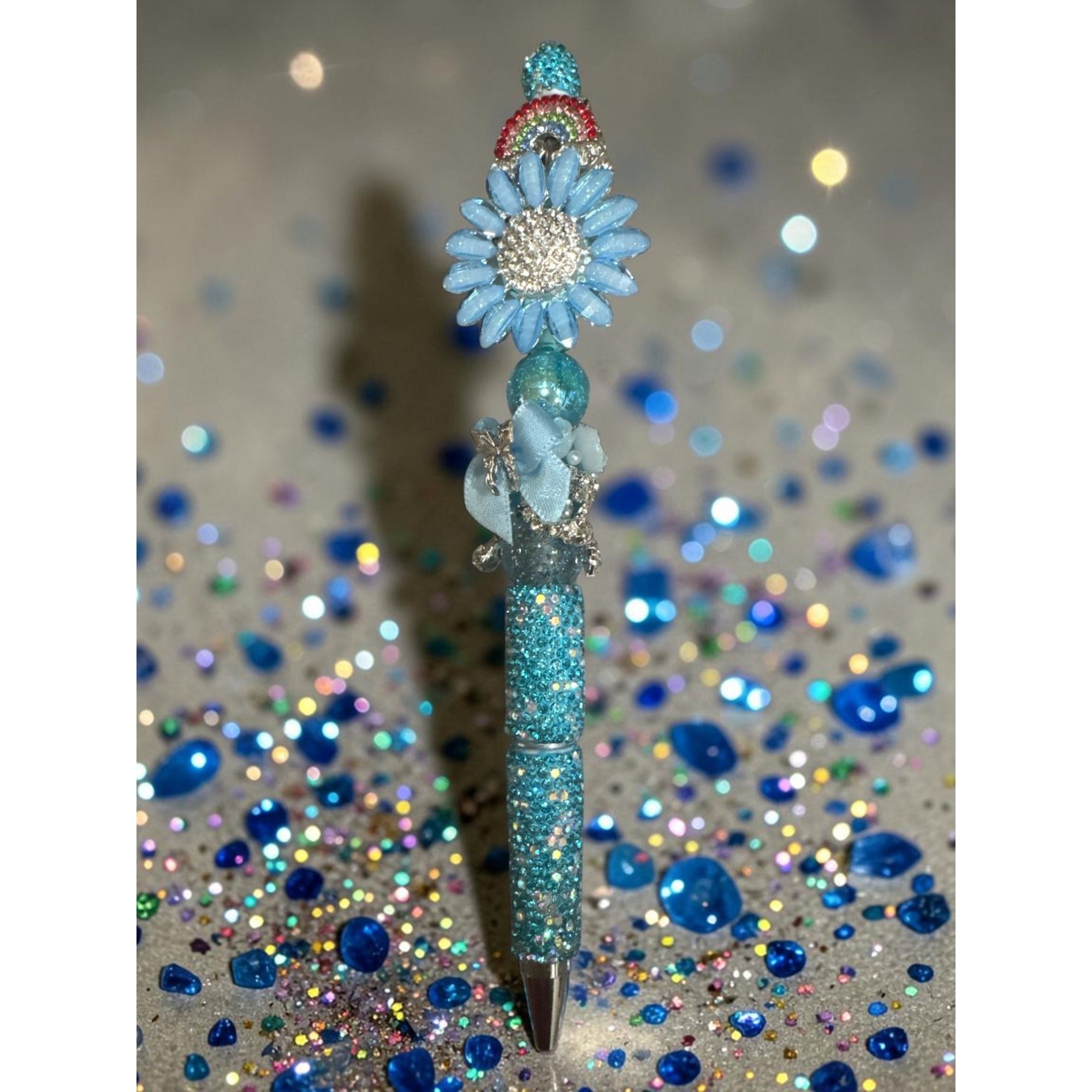 Glittery Blue Daisy & Rainbow Decorative Ballpoint Pen With Rhinestones