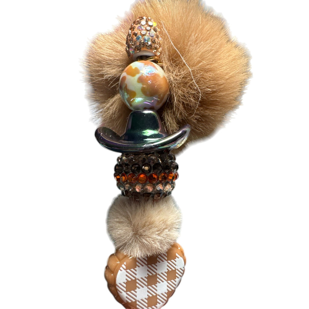 Cowboy Western Pom Pom Beaded Pen Tan Glitter Cute Hat Heart Novelty Stationery