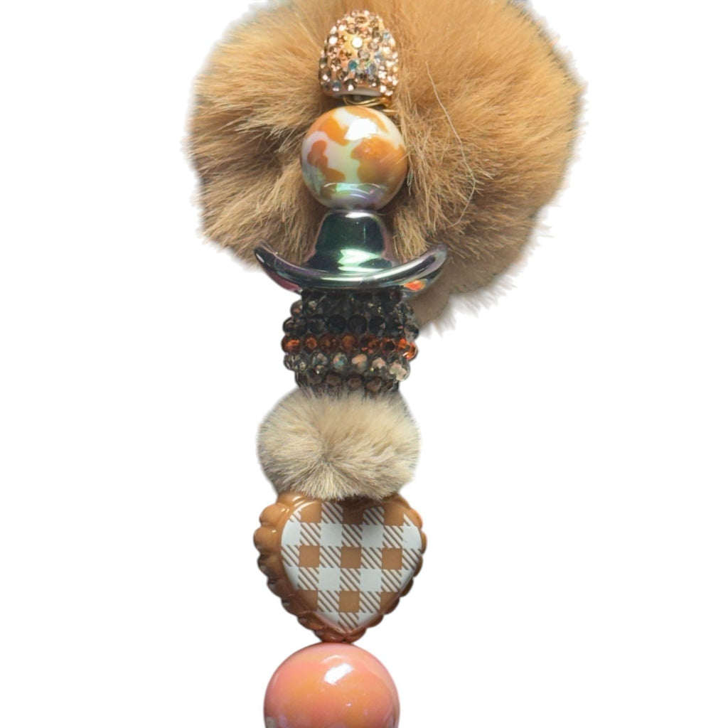 Cowboy Western Pom Pom Beaded Pen Tan Glitter Cute Hat Heart Novelty Stationery