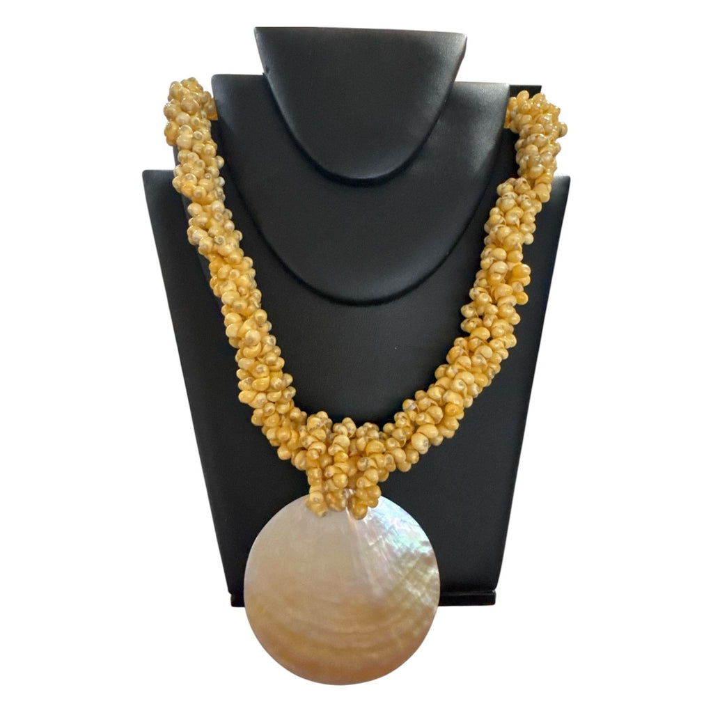 Yellow Beaded Braided Necklace with Large Shell Pendant, Boho Beach Statement Jewelry, Summer Coastal Style