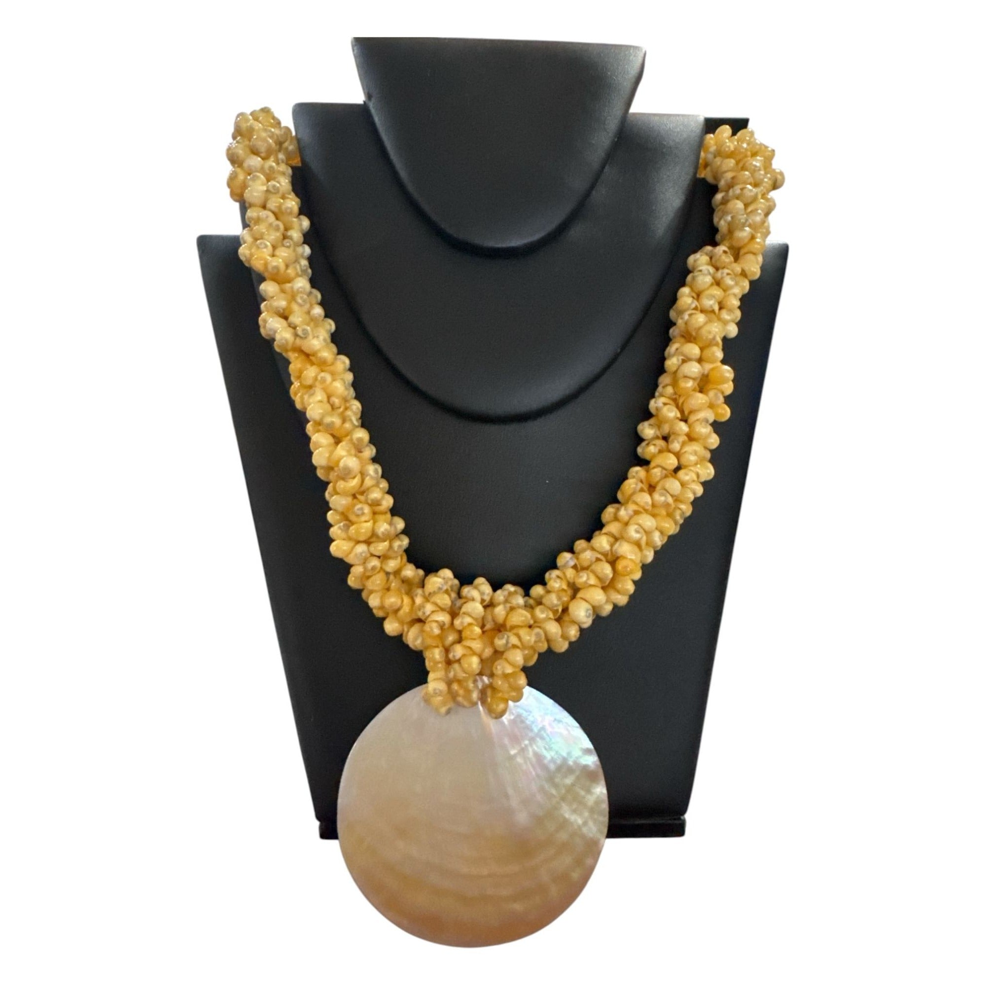Yellow Beaded Braided Necklace with Large Shell Pendant, Boho Beach Statement Jewelry, Summer Coastal Style