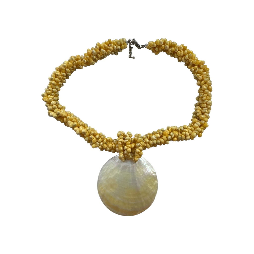 Yellow Beaded Braided Necklace with Large Shell Pendant, Boho Beach Statement Jewelry, Summer Coastal Style