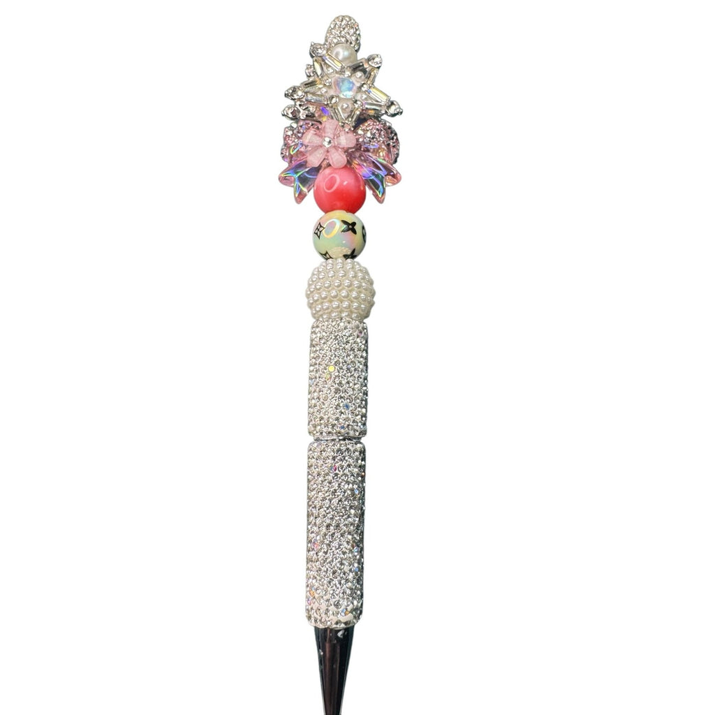 Crystal-Encrusted Decorative Ballpoint Pen With Elegant Beaded Handle & Floral Top Accent