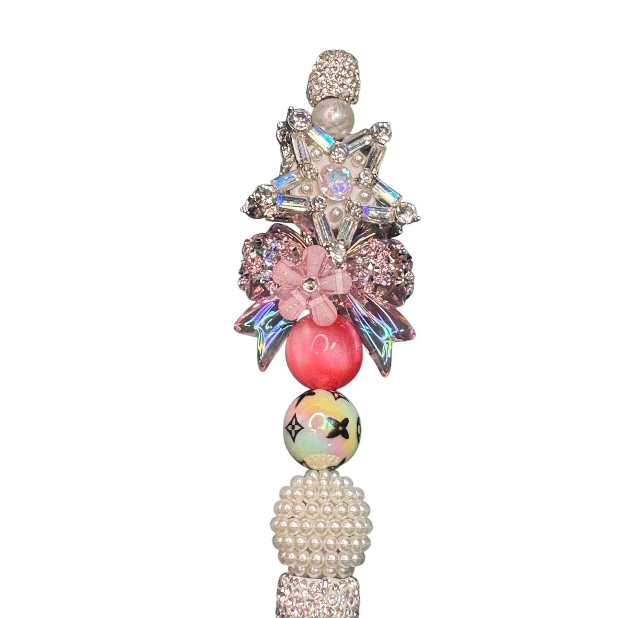 Crystal-Encrusted Decorative Ballpoint Pen With Elegant Beaded Handle & Floral Top Accent