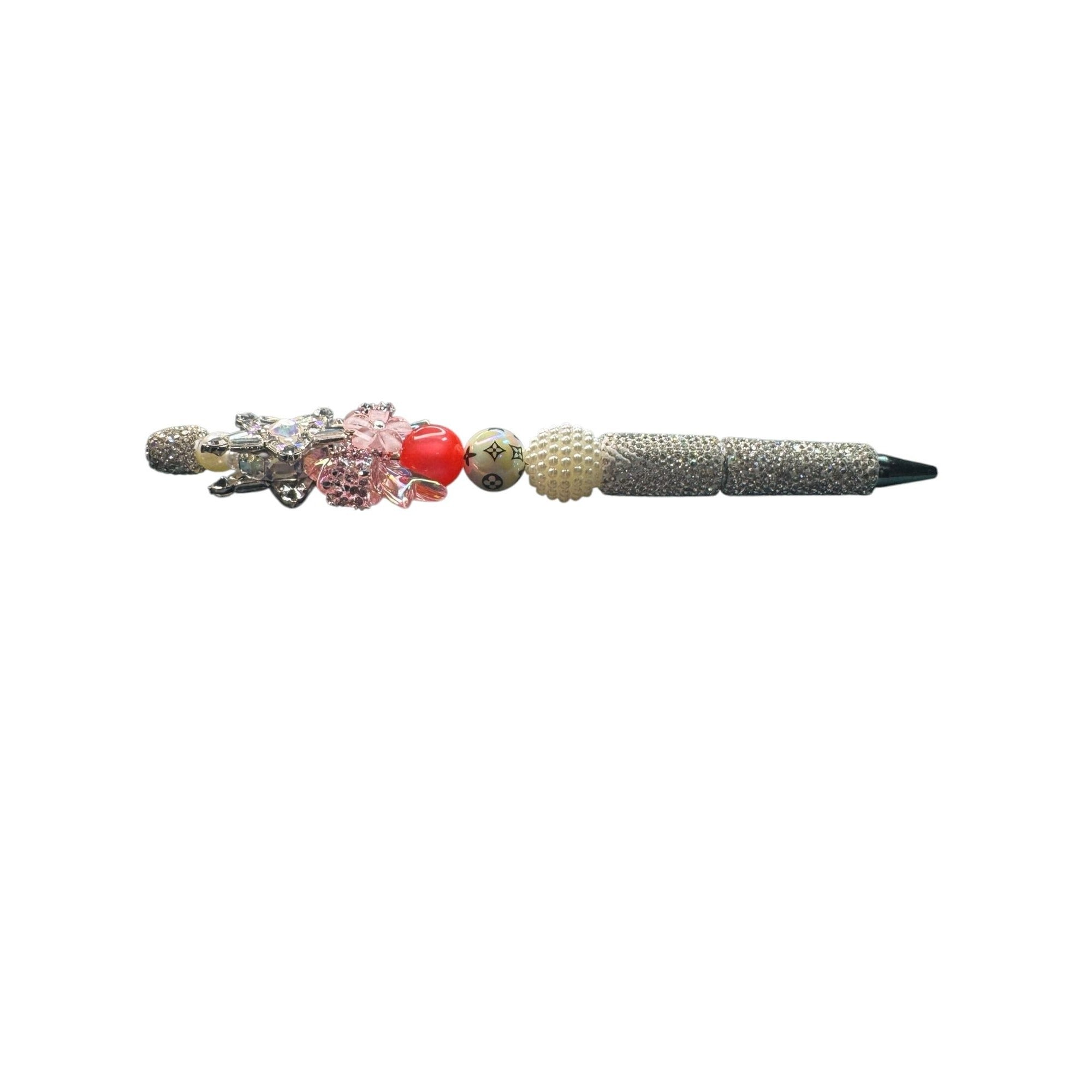 Crystal-Encrusted Decorative Ballpoint Pen With Elegant Beaded Handle & Floral Top Accent