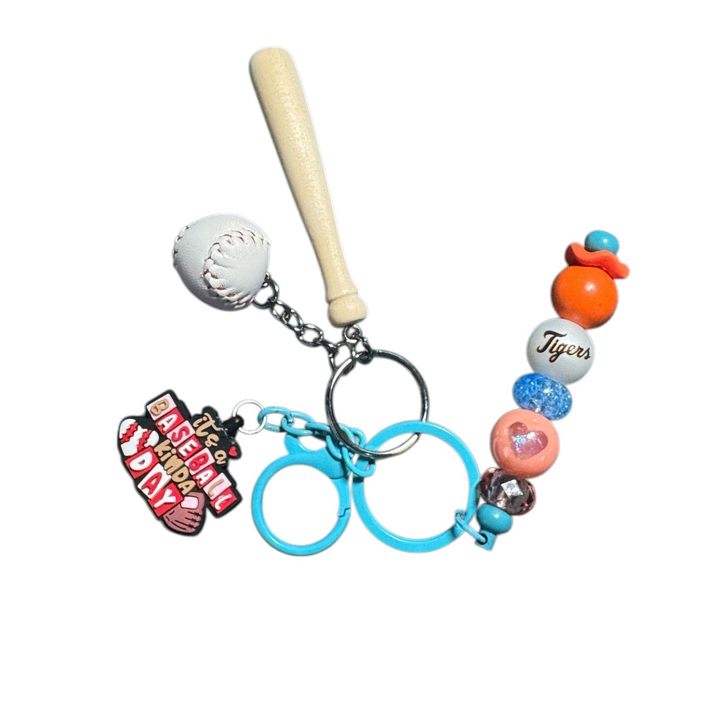 Detroit Tigers Baseball-Themed Keychain With Mini Bat Ball & Beads "Its A Baseball Kinda Day" Charm Blue Clip Lightweight Design