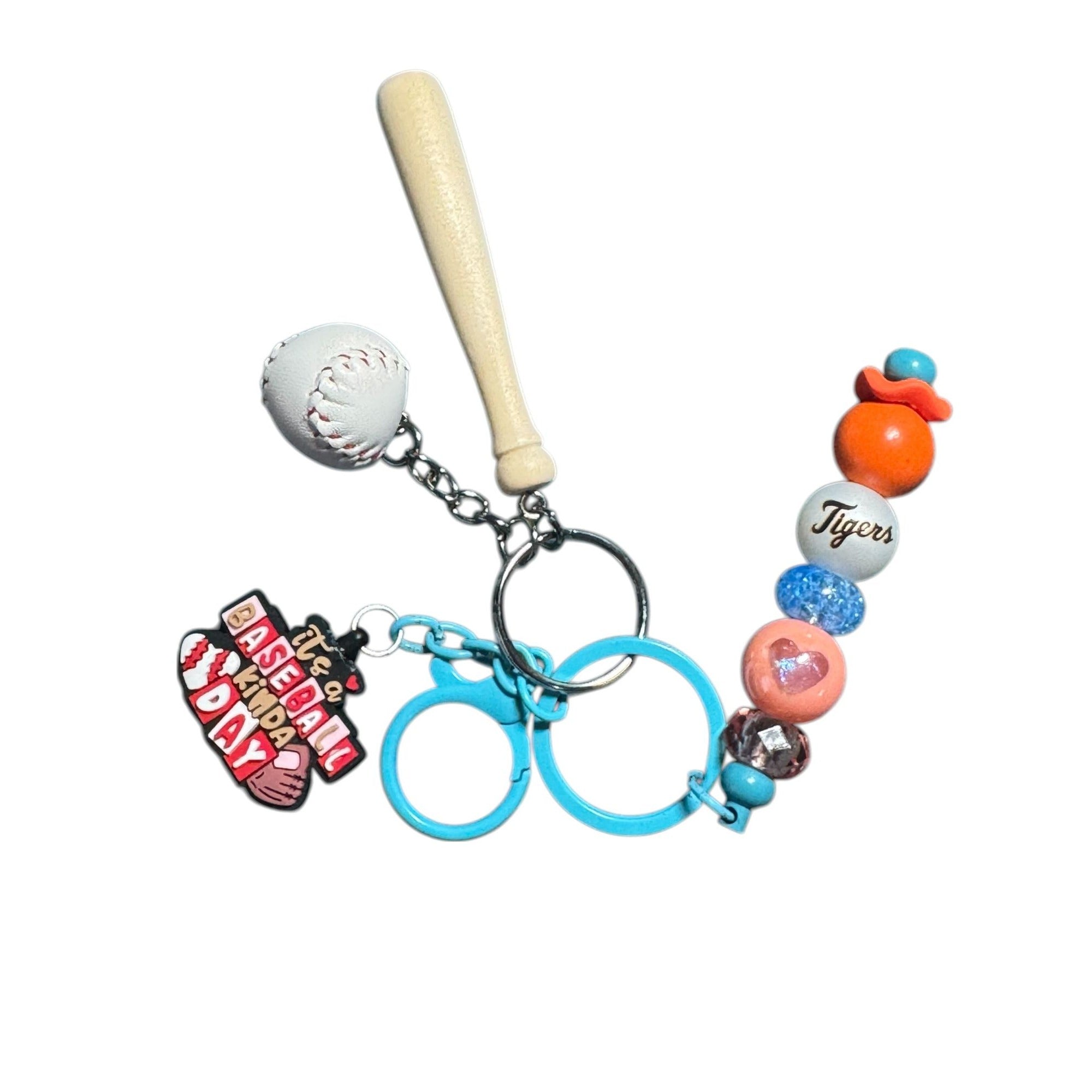 Detroit Tigers Baseball-Themed Keychain With Mini Bat Ball & Beads "Its A Baseball Kinda Day" Charm Blue Clip Lightweight Design