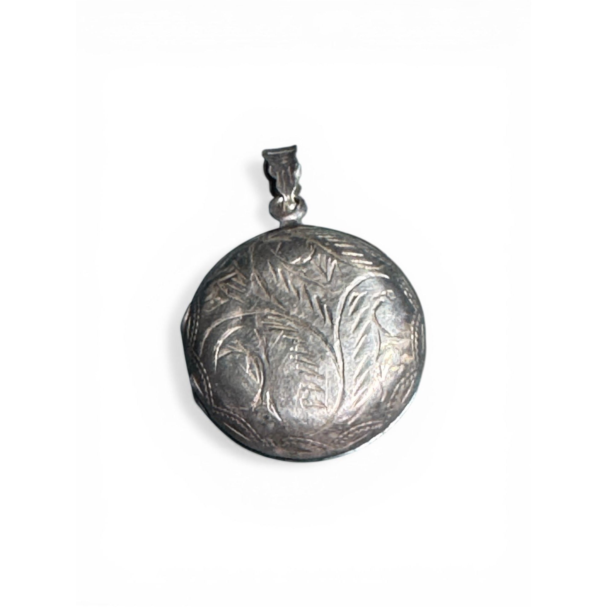 Sterling Silver 925 Engraved Locket Round Vintage Etched Floral Design Pendant