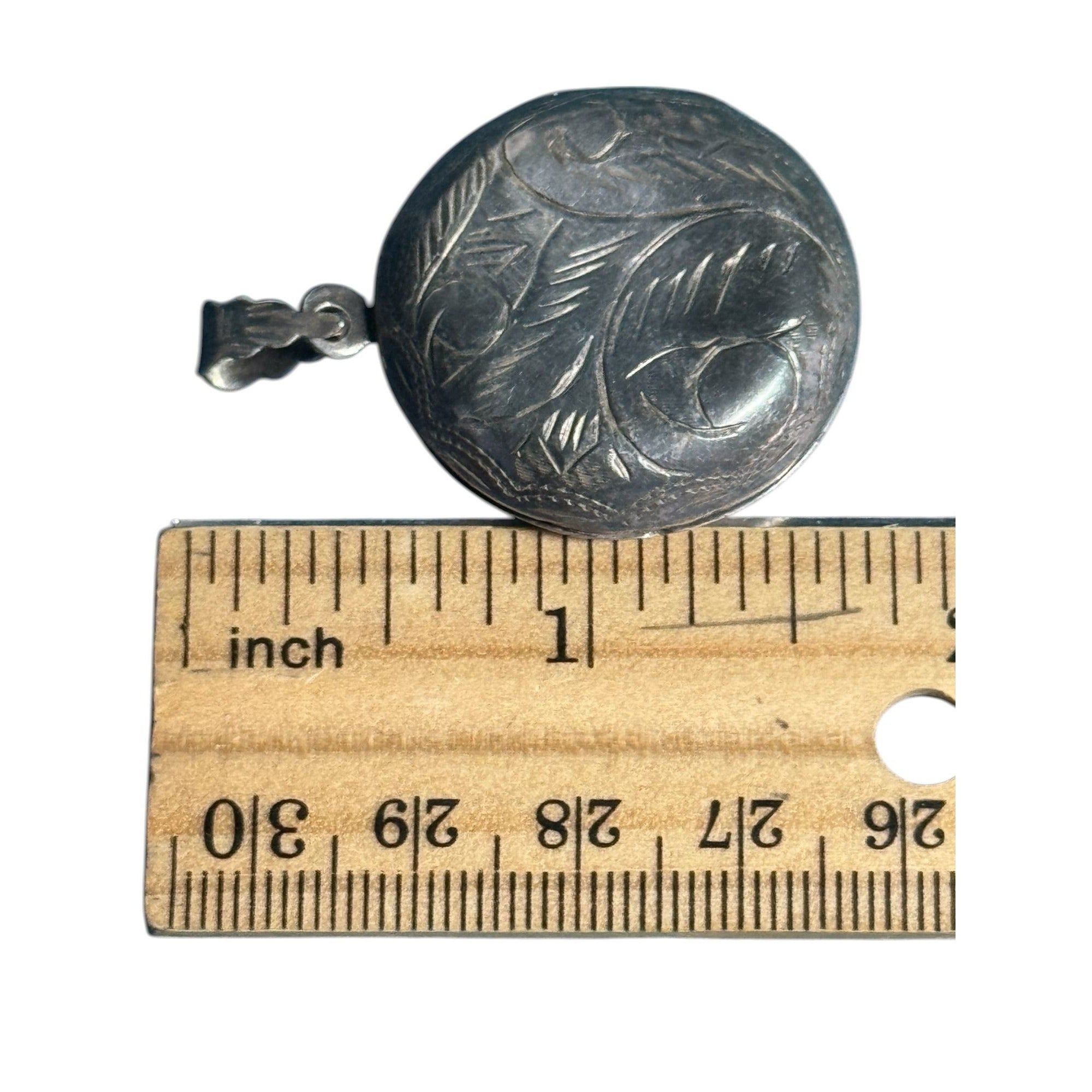 Sterling Silver 925 Engraved Locket Round Vintage Etched Floral Design Pendant