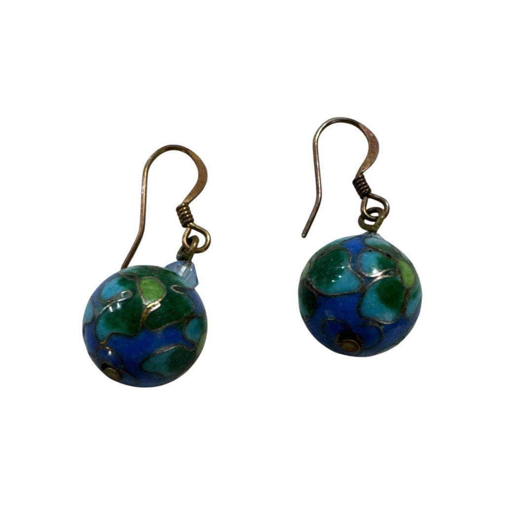 Vintage Cloisonné Bead Dangle Earrings With Blue & Green Floral Design