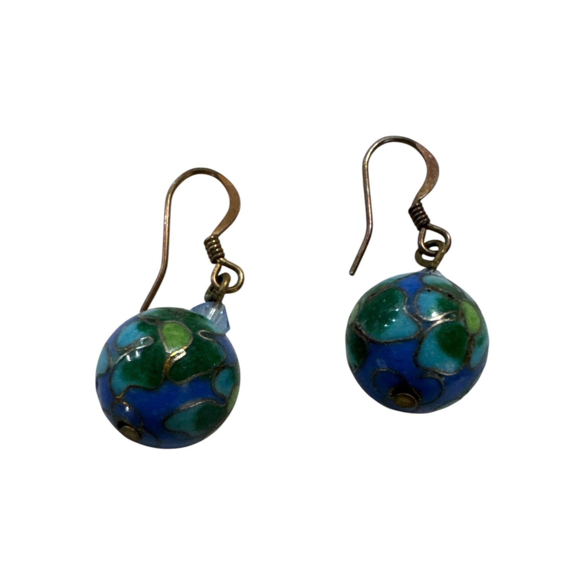Vintage Cloisonné Bead Dangle Earrings With Blue & Green Floral Design