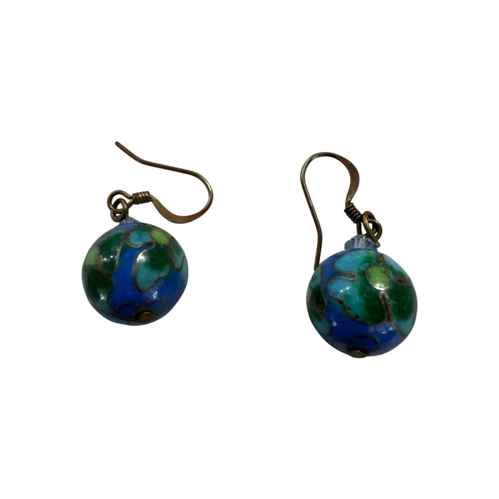 Vintage Cloisonné Bead Dangle Earrings With Blue & Green Floral Design