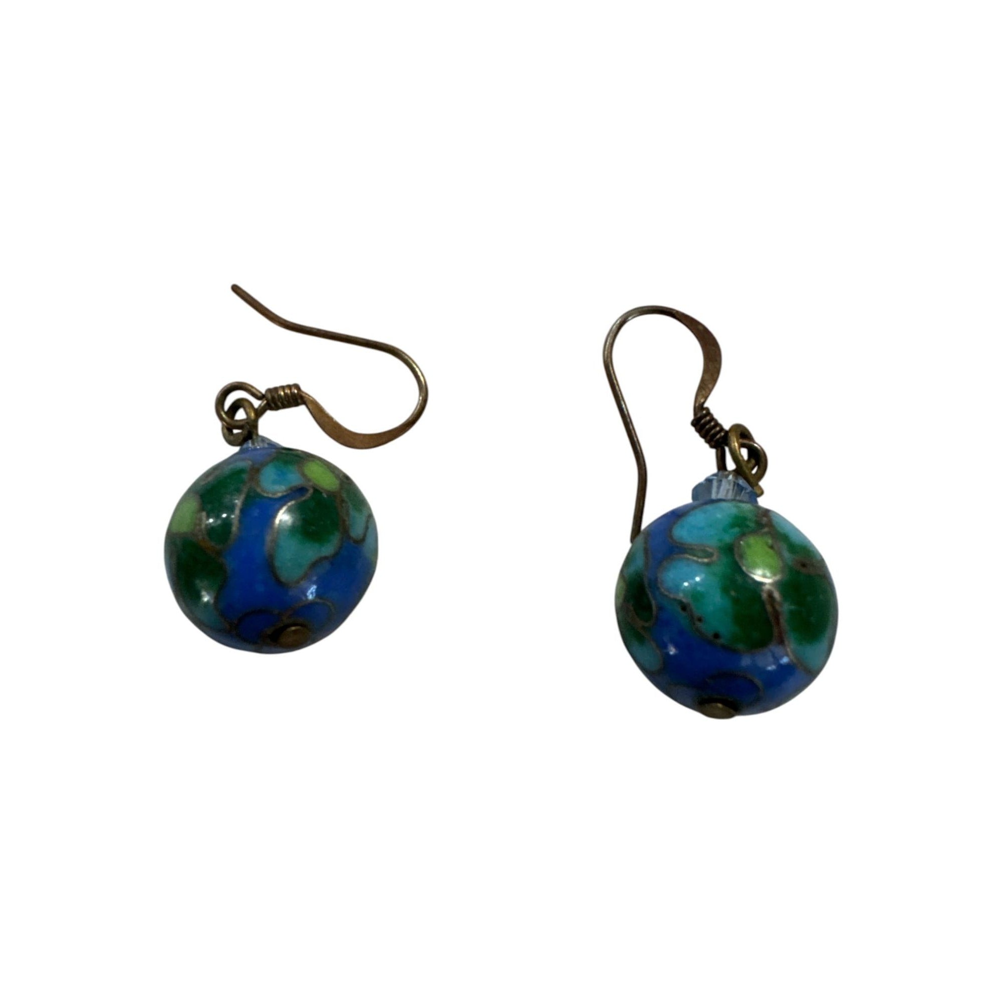 Vintage Cloisonné Bead Dangle Earrings With Blue & Green Floral Design